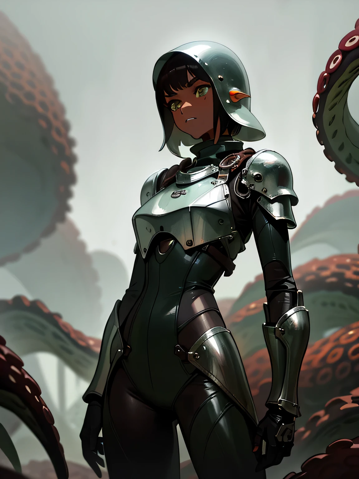 (((horror tentacles))), Biopunk girl, (dark skin), ((dark brown skin)), (brown dark skin), short hair, Brown hair, Green eyes, red helmet-mouth, sharp silver inserts, multi-membrane bib, spinal girdle, Short clothes, Hans Giger accessories, von Zdzislaw Beksinski, ((cold lighting)), dark oily liquids, A ruined environment, gloomy foggy landscapes, highly detailed art, very detailed background