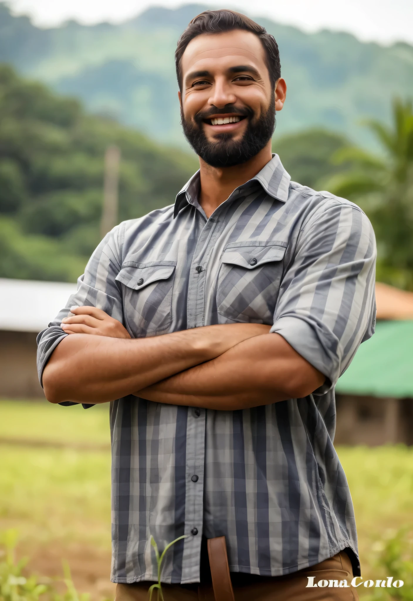 homem com barba e camisa xadrez parado em um campo, agricultor, agricultor alto, mid tiro retrato, foto de retrato, Homem bonito, homem de 30 anos, Zachary Corzine, television still, retrato completo, homem sorridente, retrato alto, ligeiramente musculoso, closeup foto de retrato, homem de pele morena com um sorriso, pele detalhada, nitidez, olhos castanhos, retrato, environmental retrato