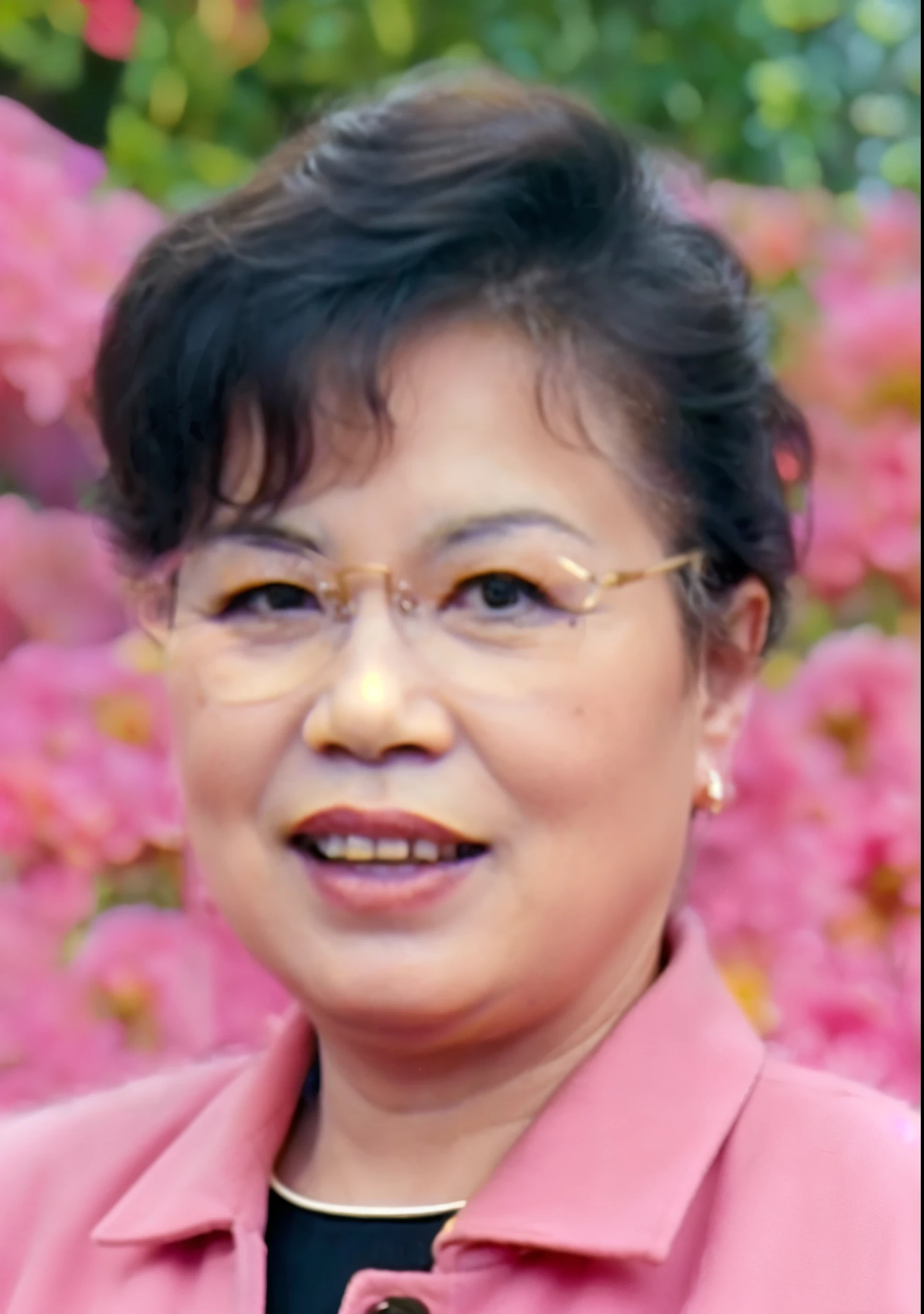 RAW photo of a middle-aged woman wearing rimless glasses, dressed in a stylish pink coat,, high fashion, blooming flower garden in the background, bokeh, shallow depth of field, 8k uhd, dslr, soft lighting, high quality, film grain, Fujifilm XT3