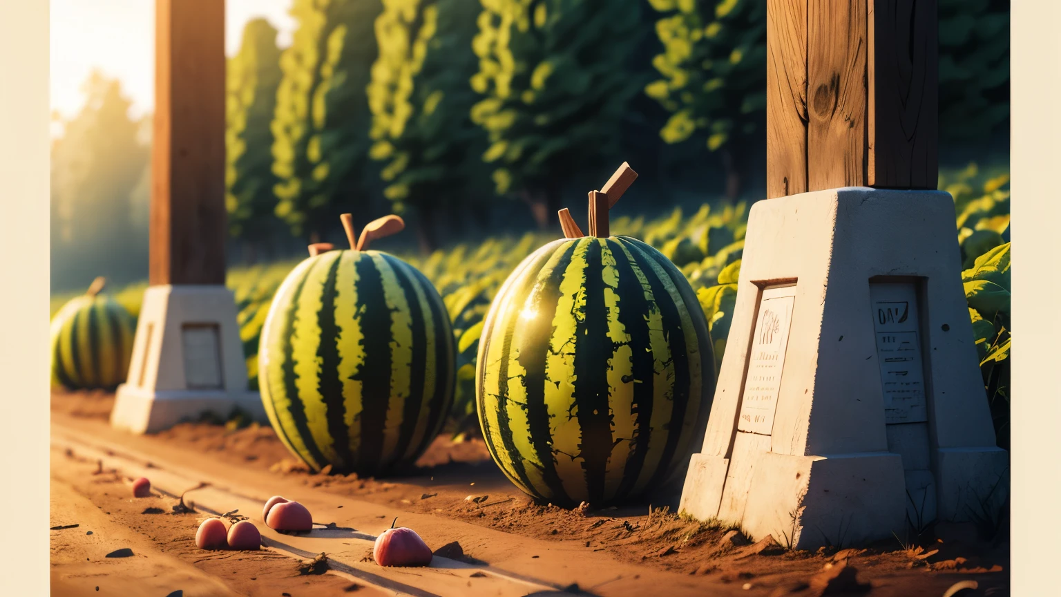 rows of watermelons on small farm, trowel sticking out of dirt, surrounded by forest