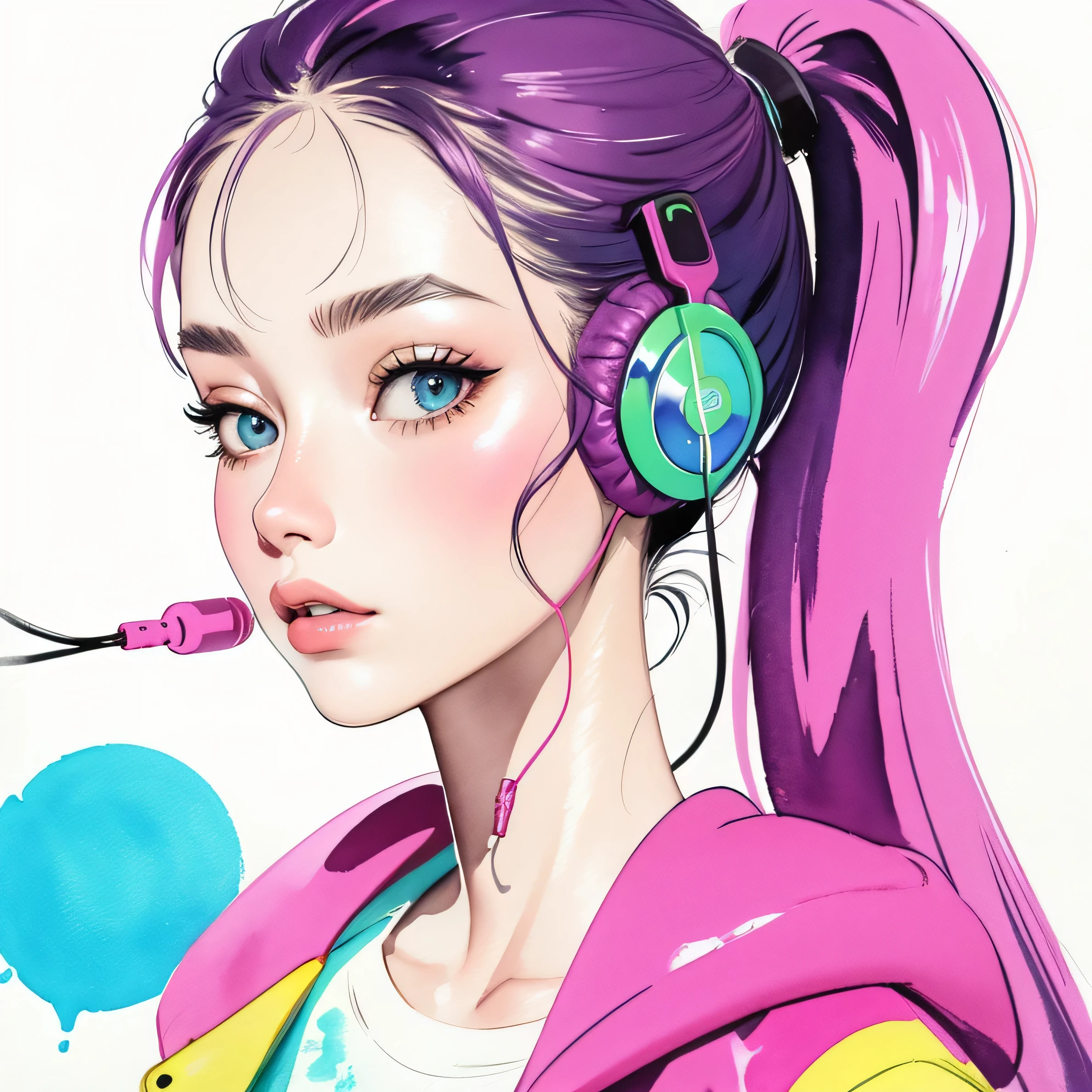 close up of face、colorful、inflate gum、headphones、watercolor、ponytail