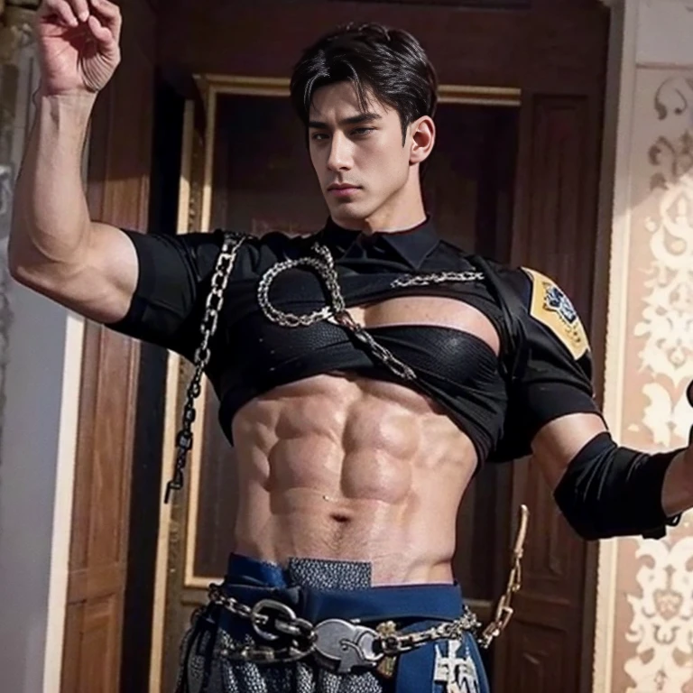 1boy,masterpiece,best quality,ansheng,police_uniform,dungeon,muscular,chain,stretch,
