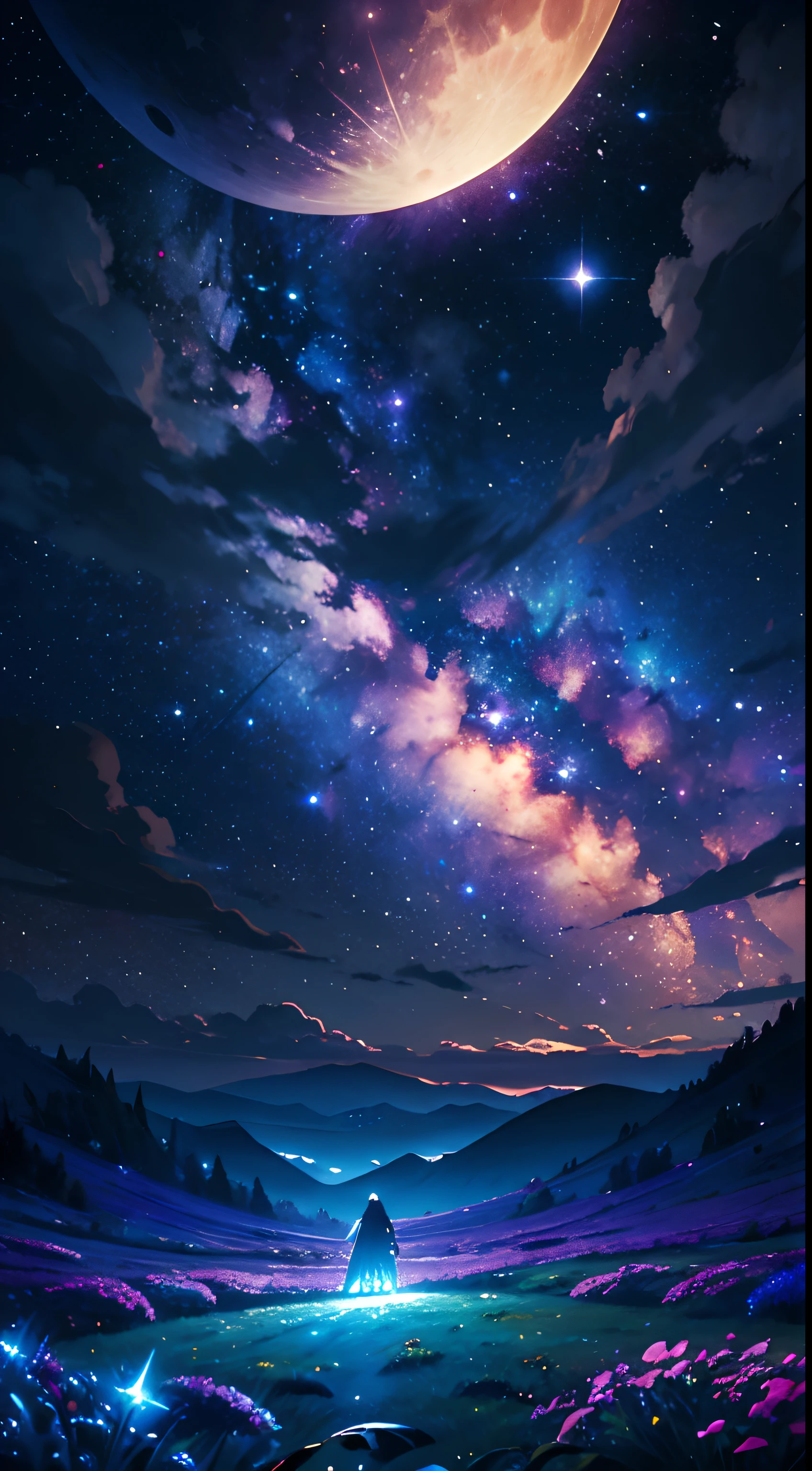 (masterpiece), best quality, a beautiful flower field at night, gorgeous sky with stars and constelations, volumetric clouds, beautiful clouds, (full moon), a magical atmosphere, is a dream like image, expansive landscape photograph, the field has flowers of different colors, there is a calm and peaceful feeling, a gentle breeze, the scenary has a magical glow, fireflys, the beauty on small details, nature beauty,a astronomical photo, contemplation of the nature, bright moon,
BREAK nebula, milkway, cosmic sky, starry sky, fish eye lens, dynamic angle, (dynamic composition:1.4), professional image,production art, intricate, mesmerizing, gorgeous,breath taking,amazing, magical, volumetrical light,  [purple]