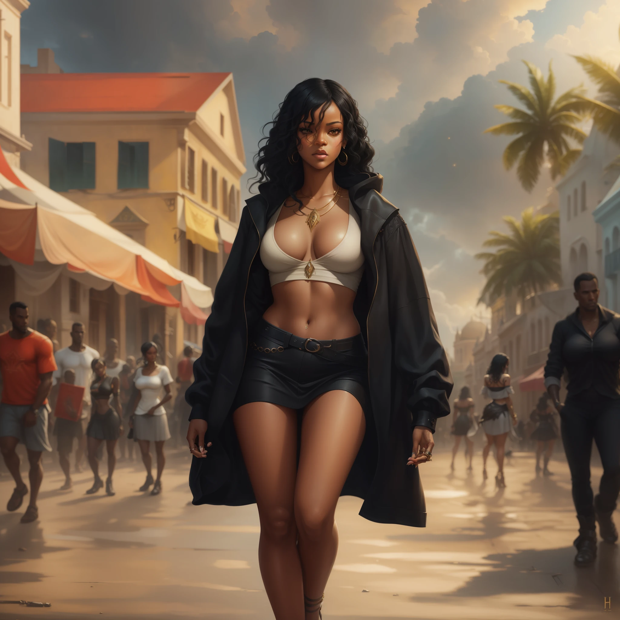 Singer Rihanna stands in a town square in Bridgetown, Barbados, full body, wavy black hair cascades over her perfect anatomy, sharpened features in focus, belting a tune into a microphone, short skirt sways, low-cut shirt reveals, golden ratio applied to her poised form, extraordinary intricate artwork masterpiece, oil painting style, ominous ambiance, matte movie poster vibe, trending on CGSociety and ArtStation, influenced by Artgerm, H.R. Giger