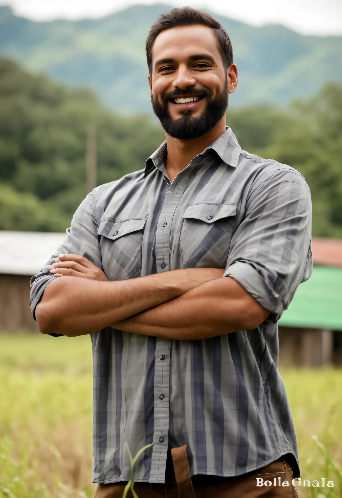 country man with beard and plaid shirt standing in a field, agricultor, tall agricultor, mid retrato shot, retrato photo, Homem bonito, homem dos anos 30, immobile, full retrato, sorridente man, tall retrato, fechar-se, homem de pele escura com um sorriso, pele detalhada, nitidez, olhos castanhos, retrato, environmental retrato, Nacionalidade brasileira, sorridente, camisa sem barba, full-length retrato, fundo desfocado.