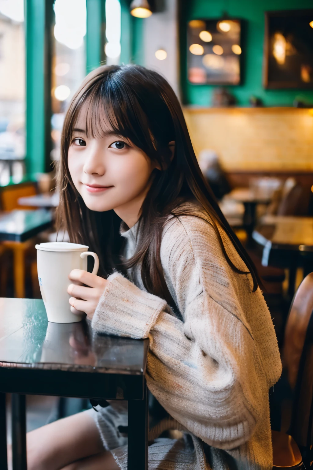 table top, highest quality, Portrait of one girl、date at a cafe、