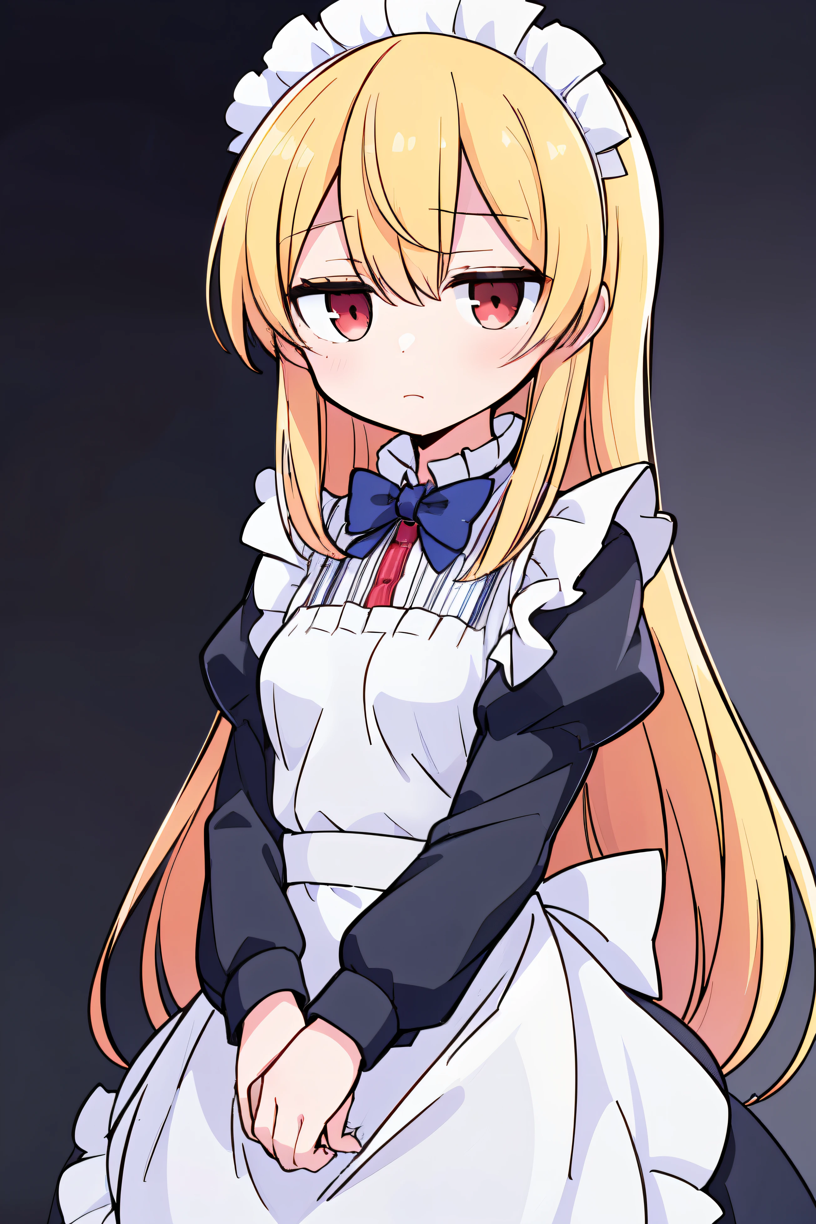 insanely detailed, absurdres, ultra-highres, ultra-detailed, best quality,
1girl, solo, nice hands, perfect hands, blonde hair, long hair, front hair goes to the left side sharply, maid uniform, red eyes, emotionless, expressionless, kuudere