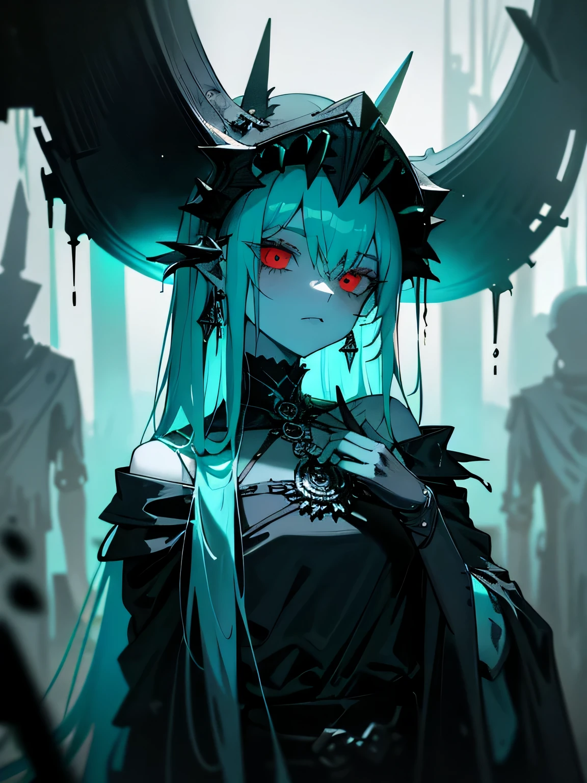 (((dark fantasy atmosphere))), Mechanized Girl, (blue skin), ((teal skin)), (pale teal skin), Red eyes, blank look, (blood red sclera), bloody lines, silver hair, pale gray hair, sharp cast iron helmet, rough black metal ears, black metal neckband, long gray black raincoat, bare shoulders, mechanized weapons, Hans Giger accessories, von Zdzislaw Beksinski, ((cold lighting)), dark oily liquids, A ruined environment, gloomy foggy landscapes, highly detailed art, very detailed background