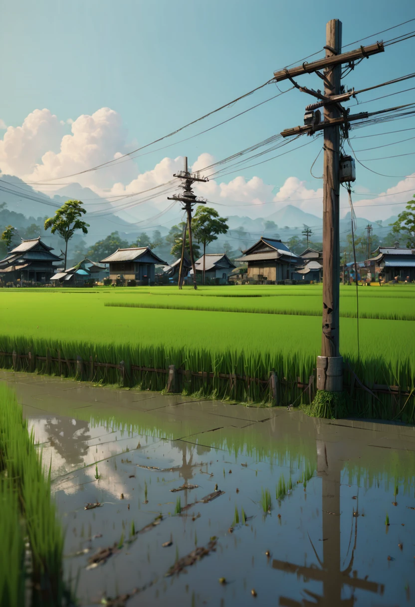 rice paddy, telegraph pole, (best quality, masterpiece, Representative work, official art, Professional, Ultra intricate detailed, 8k:1.3)