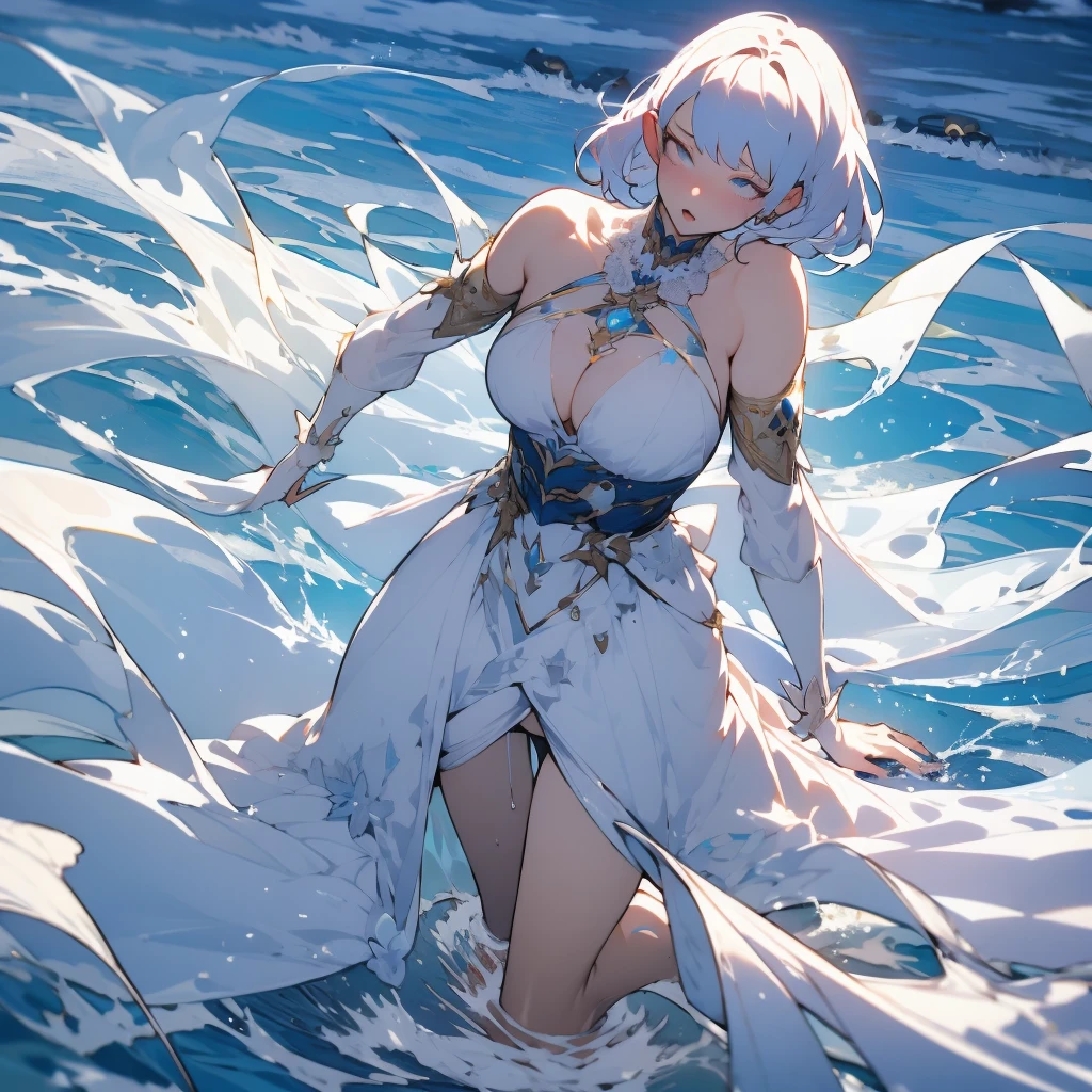 girl, white short hair, big blue eyes, The body is completely wet and sweating, girl tropft, The body is very wet, The body sweats, fast nackt, enges Kleid, kurzes Kleid, schwarzes Kleid, zerrissenes Kleid, Nasse Kleid, durch Kleid sehen, an einem Strand, flowing dress, auf dem Boden liegen, back to the ground, normale Brust, Kamera von oben, whole body shown, girl schaut in die Kamera