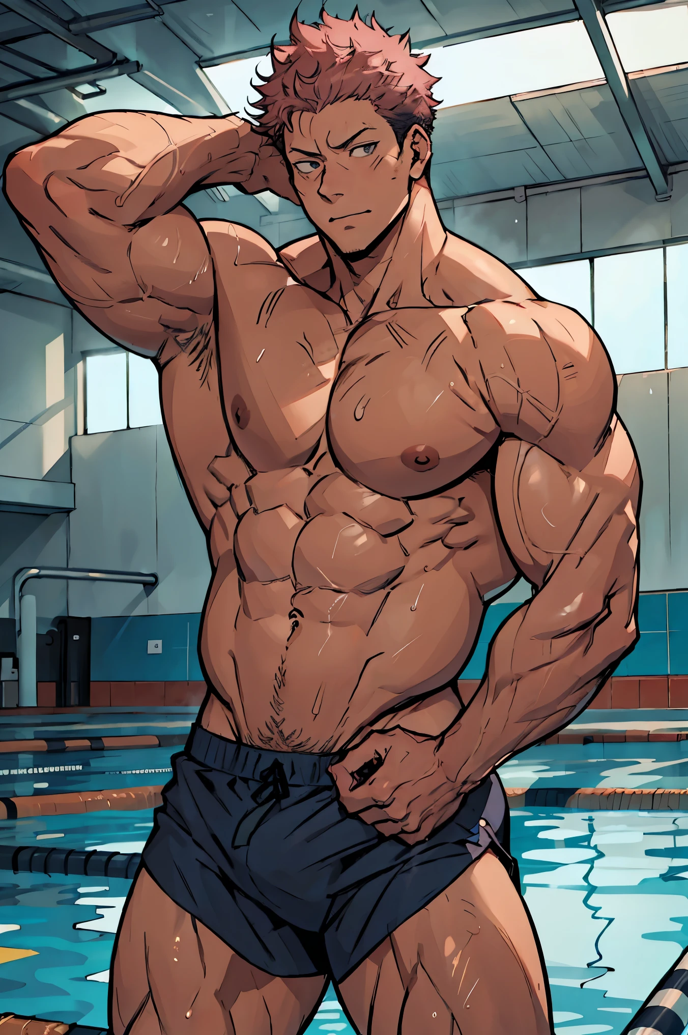 Homem bonito, rosto masculino, rosto detalhado, muscular, Jujutsu Kaisen Yuji Itadori, cabelo rosa escuro, Corpo peludo, tem cavanhaque, inside a swimming pool, clothes off, with tight swim trunks 