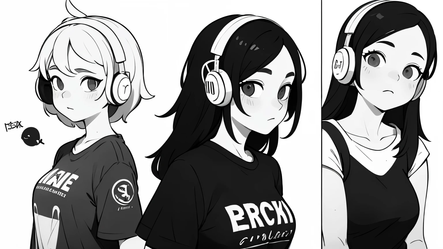 ((best quality)), ((masterpiece)), (detailed), perfect face, A girl, side portrait, black and white, Messy Short Hair, Spicy accessories, Sporty style, Casual T-shirt, Confident gaze, Monochrome color scheme, looking at the side, Chic street fashion, Sloppy hands in pockets posing, cap,((person)),Over-ear headphones, Large ear pads, Luxurious long hair
