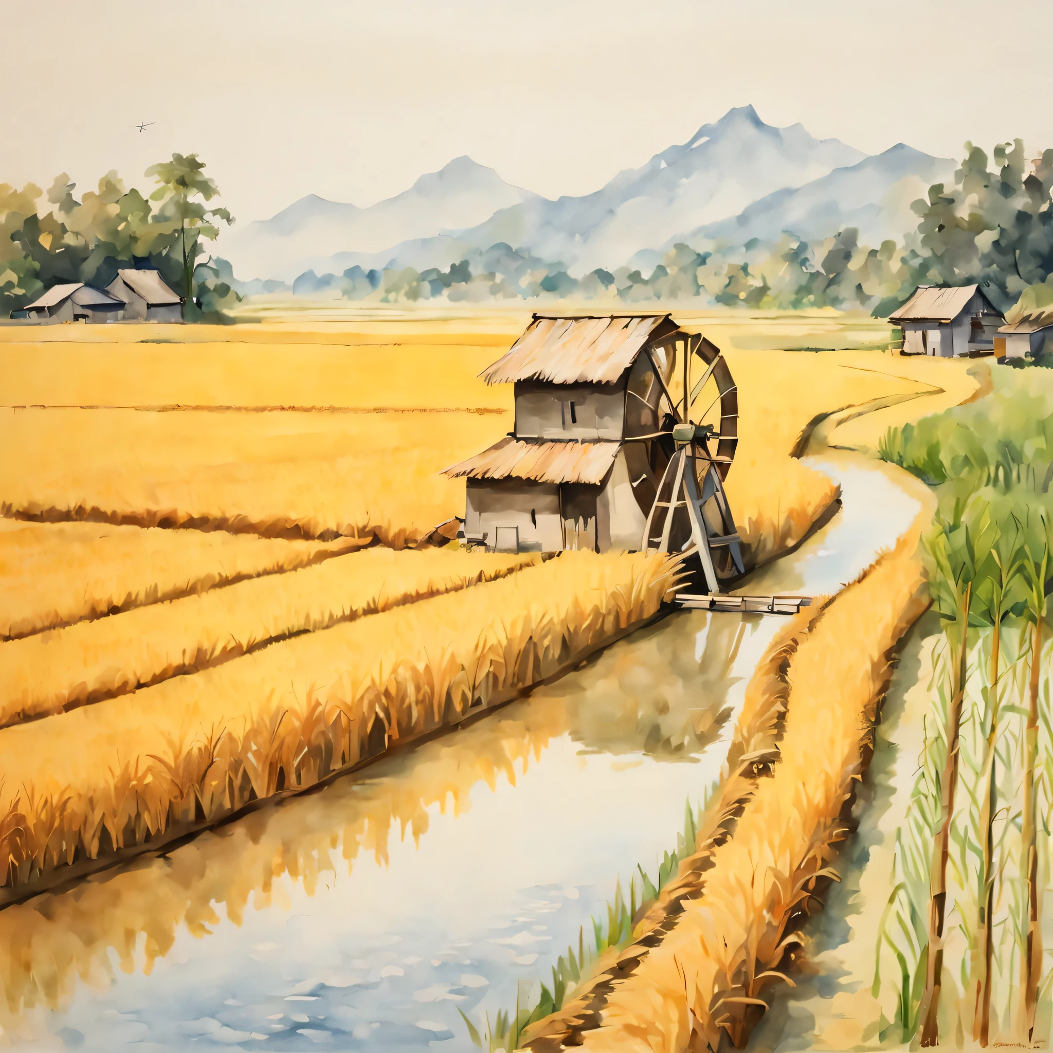 watercolor, water wheel and rice field, (Just before harvest, Golden ears of rice:1.3), Dragonfly, (Best configuration), (masterpiece), (highest quality), (Ultra high detail)