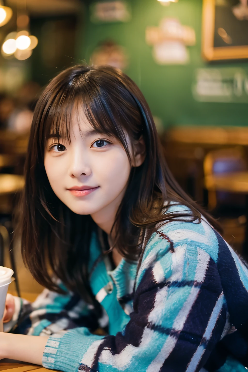 table top, highest quality, Portrait of one girl、date at a cafe、