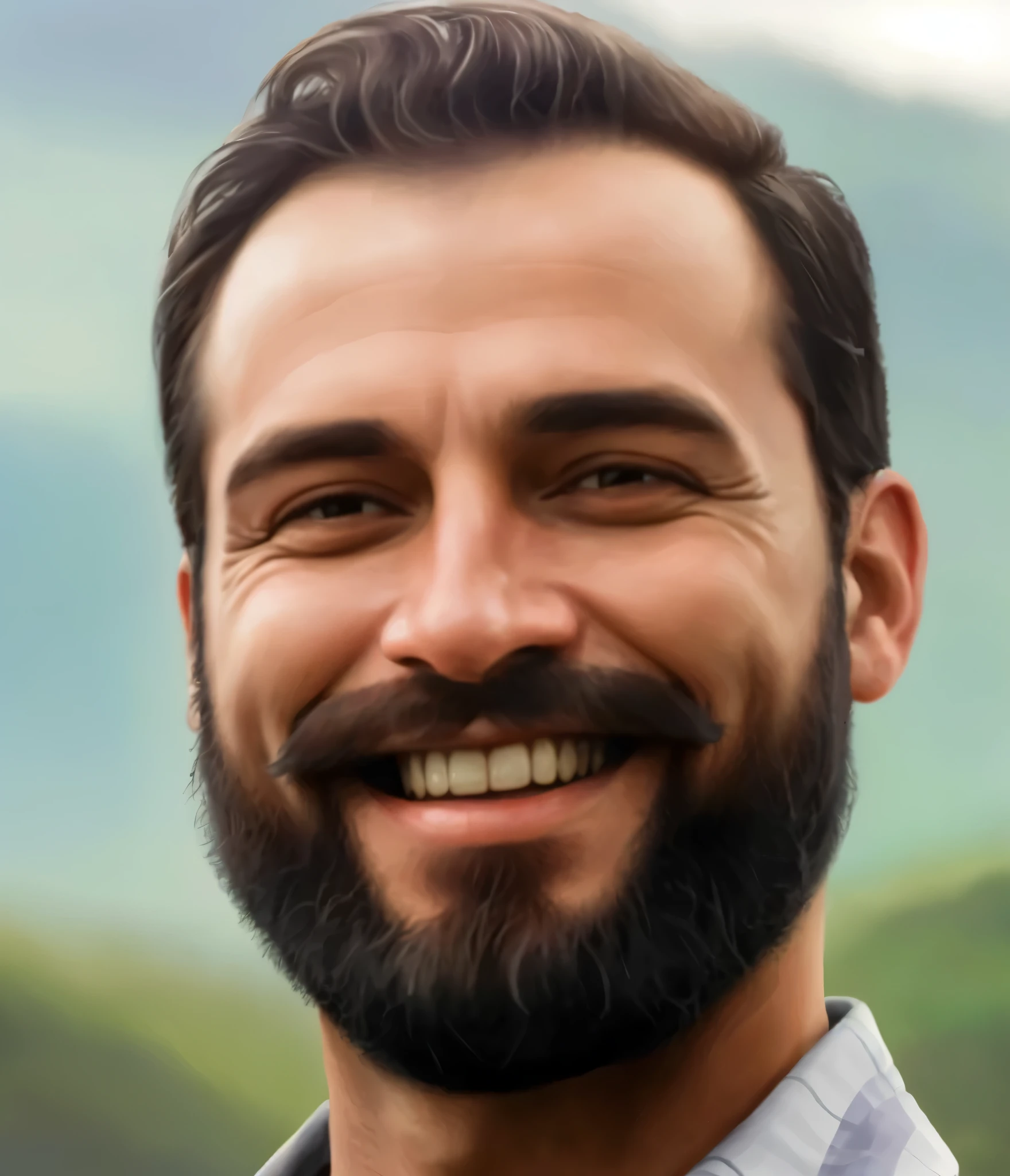 homem sorridente with beard and mustache in front of mountains, homem sorridente, retrato de alta qualidade, homem sorridente, Retrato realista photo, retrato digital, retrato detalhado, pintado digitalmente, Retrato realista, fantasy art smile smug man, pintura digital realista, hyper-retrato detalhado, photo Retrato realista, linda e sorridente, photoRetrato realista, retrato da vida real, retrato de um sorridente