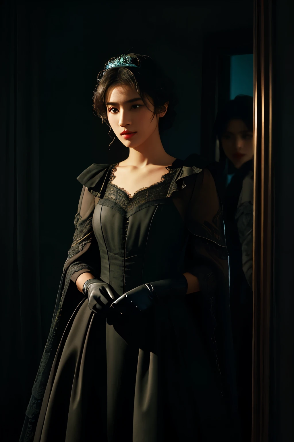 In the shadows, a figure clad in an intriguing ensemble emerges against a backdrop of ebony. The thing dons a pair of black gloves, polished to a mirror-like sheen. Its attire, in the distinctive style of colorized art, boasts hues of Light Brown and Dark Azure, adding a captivating contrast to the surroundings. The figures' details are meticulously rendered, from the subtle textures of its fabric to the intricate patterns adorning the garments. This masterpiece, illuminated in Ultra High Resolution and Photorealistic detail, commands attention with its alluring mystery. (Authentic skin texture: 1.3, Film grain