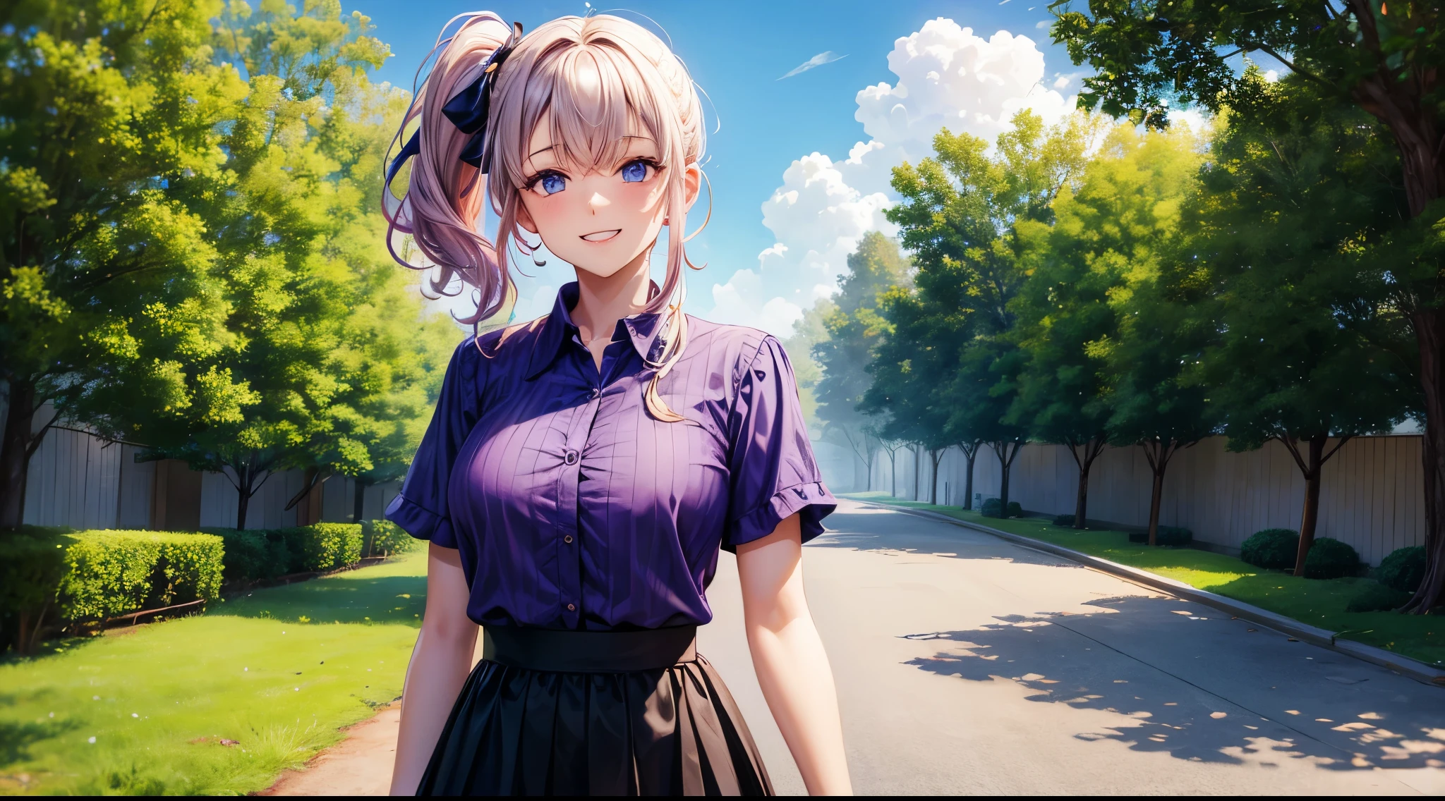 1girl, solo, full body, summer, village, trees, sun, clouds, colorful hair, curly hair, ponytail, large breasts, button down, dark blue eyes, ((purple shirt)), ((unbuttoned shirt)), ((short sleeved shirt)), black skirt, brown shoes, grin, looking at the viewer, standing, hair ribbon