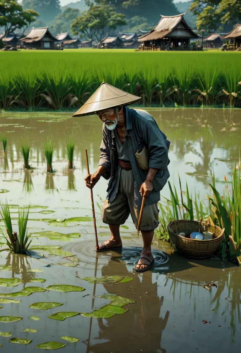 rice paddy, old man fishing, (best quality, masterpiece, Representative work, official art, Professional, Ultra intricate detailed, 8k:1.3)