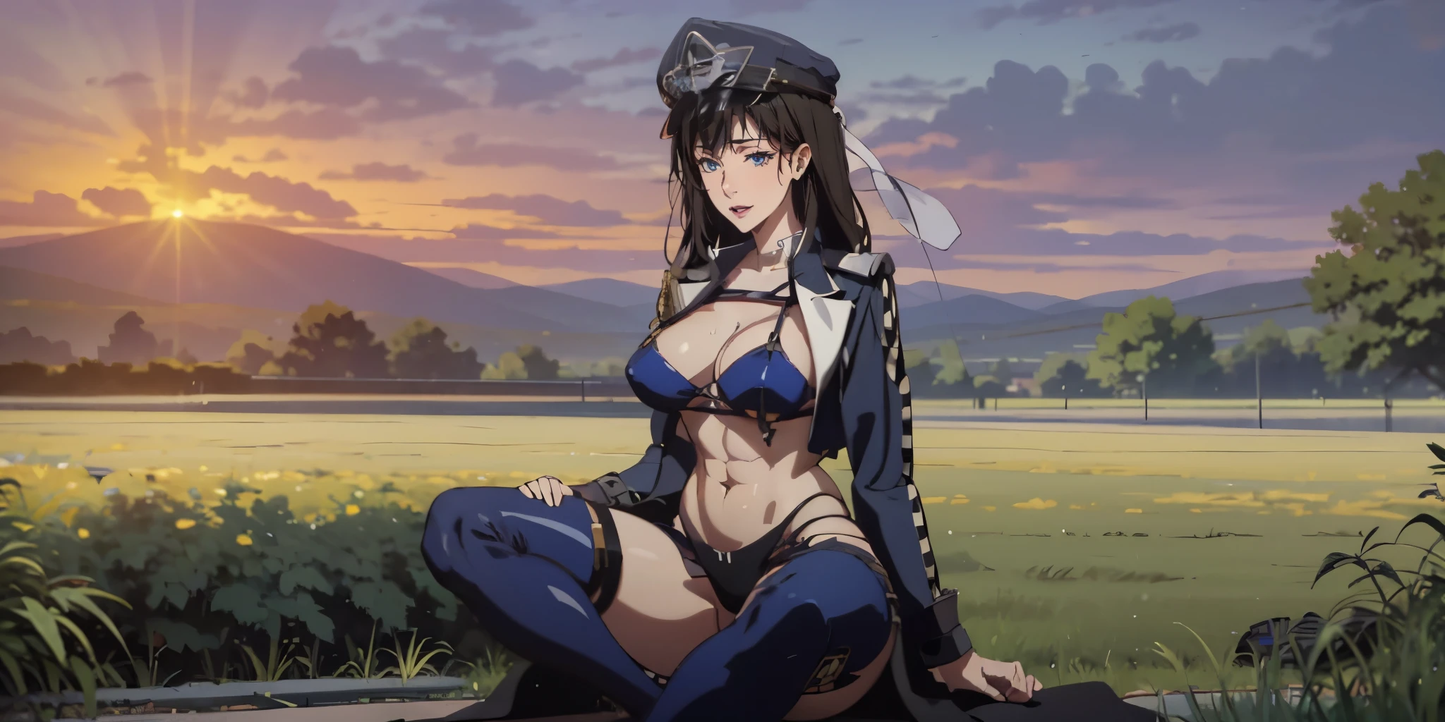 long hair, black hair, blue eyes, breasts, epic art, fantasy, 1girl, grass, solo, barefoot, sitting, breasts, mountain, sunset, outdoors, looking_at_viewer, field, sky, lake, mountainous_horizon, indian_style, twilight, tree, large_breasts, scenery, medium_breasts, feet, "long shot scenic professional photograph of {prompt}, perfect viewpoint, highly detailed, wide-angle lens, hyper realistic, with dramatic sky, polarizing filter, natural lighting, vivid colors, everything in sharp focus, HDR, UHD, 64K", race queen, cropped jacket, highleg bikini, micro shorts, thigh boots, peaked cap, abs, sweating,