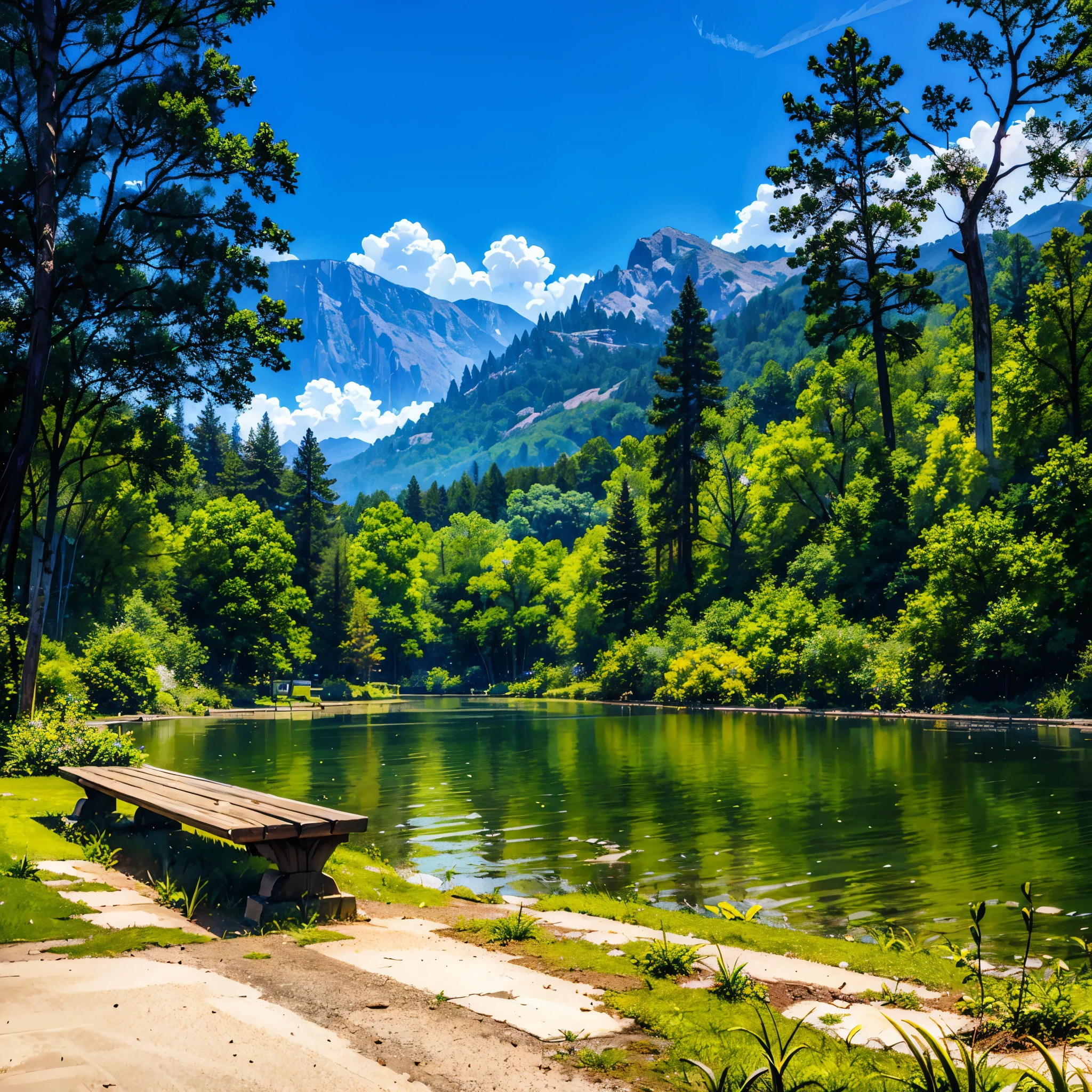 Bench deep in the forest against the backdrop of mountains, wooden bench, Bright green trees, весенний landscape, bright sun, rich blue sky, very detailed and magical lighting, Intricate forest details, vegetation and lake, Sunny Forest, landscape, A lot of trees, beautiful green leaves, beautiful lighting and realistic proportions, looks like it's a movie background, 8K, top quality, Masterpiece, some snow on the mountains, some ice on the lake