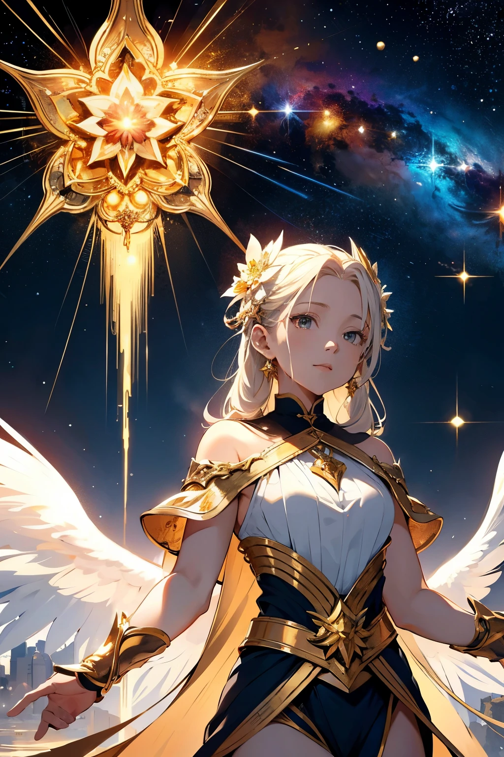 Masterpiece painting: The radiance of Divine Wisdom and Eternal Guidance

Those who embrace wisdom shall radiate like celestial beings, shining as brightly as the heavens above. And those who inspire righteousness in multitudes, shall gleam like enduring stars, forever and always.

In this masterpiece, the figures are depicted with the utmost detail and finesse. Their noble countenances reveal serene expressions, reflecting the depth of their wisdom and compassion. Their auras, shimmering like gold, symbolize their divine connection to the cosmos.

The background is a breathtaking, vast expanse of a star-studded sky. The mult