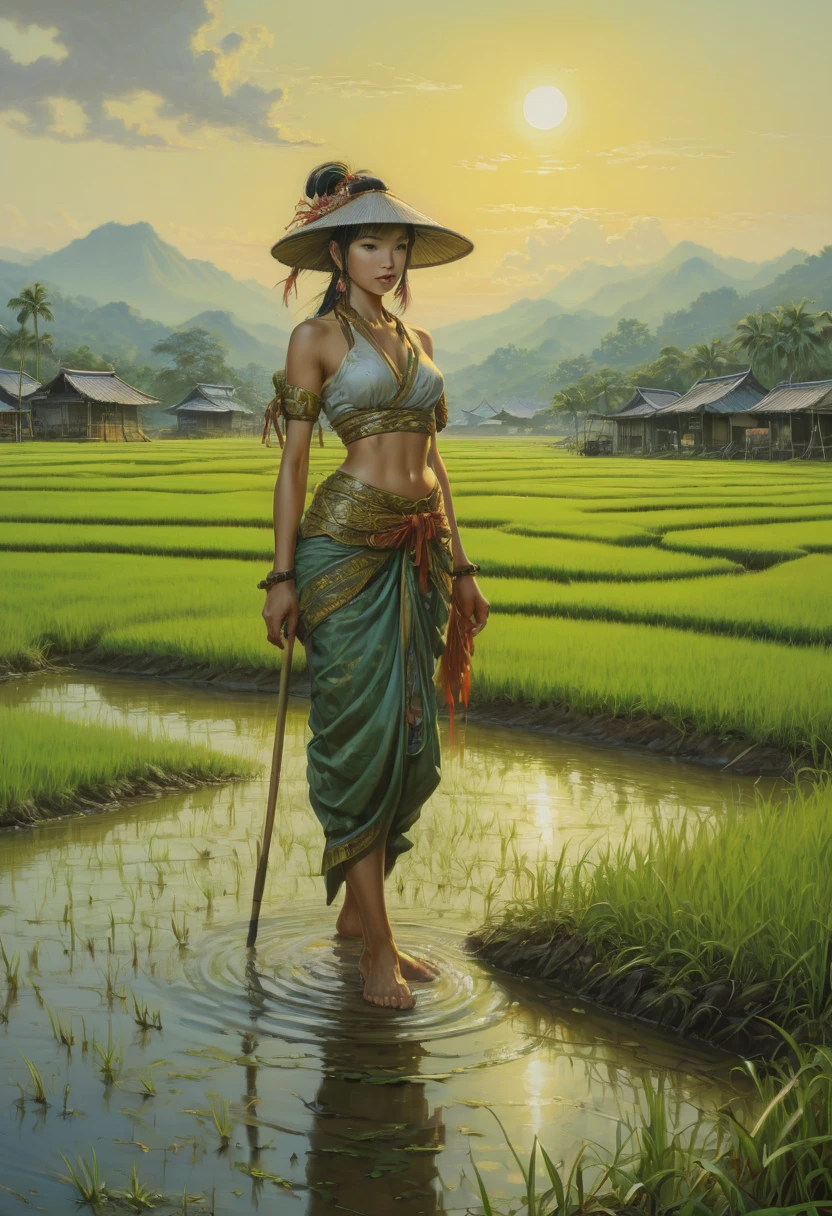 rice paddy, by Clyde Caldwell, best quality, masterpiece, Representative work, official art, Professional, Ultra intricate detailed, 8k