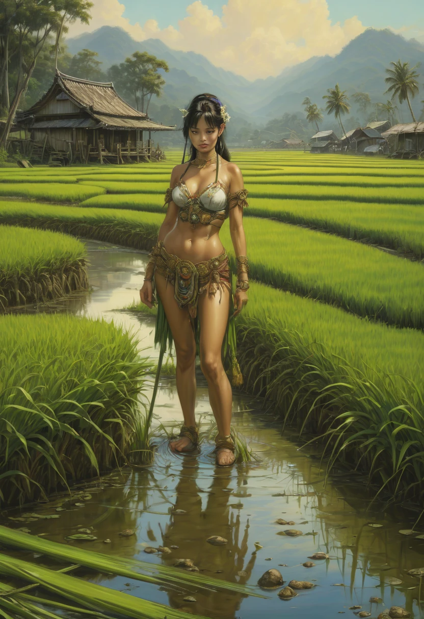 rice paddy, by Clyde Caldwell, best quality, masterpiece, Representative work, official art, Professional, Ultra intricate detailed, 8k