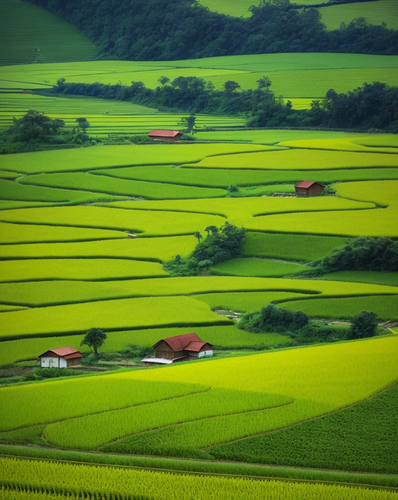 best quality,4k,8k,highres,masterpiece:1.2,ultra-detailed,realistic:1.37,rice paddy,beautiful landscape,fertile soil,green and golden fields,peaceful countryside,farmland scenery,nature's beauty,harmonious colors,breathtaking view,sunlit fields,rippling water reflection,serene atmosphere,abundant harvest,agricultural prosperity,cultivated land,farming scenery,vibrant growth,rustling crops,picturesque view,captivating scenery,farmer's pride,traditional farming methods,symmetrical patterns,planted rice seedlings,rural tranquility,crystal-clear sky,fresh air,gentle breeze,simple living,farmer's hard work,connected with nature,fertility and abundance,harvest season,cultivating life,primitive beauty