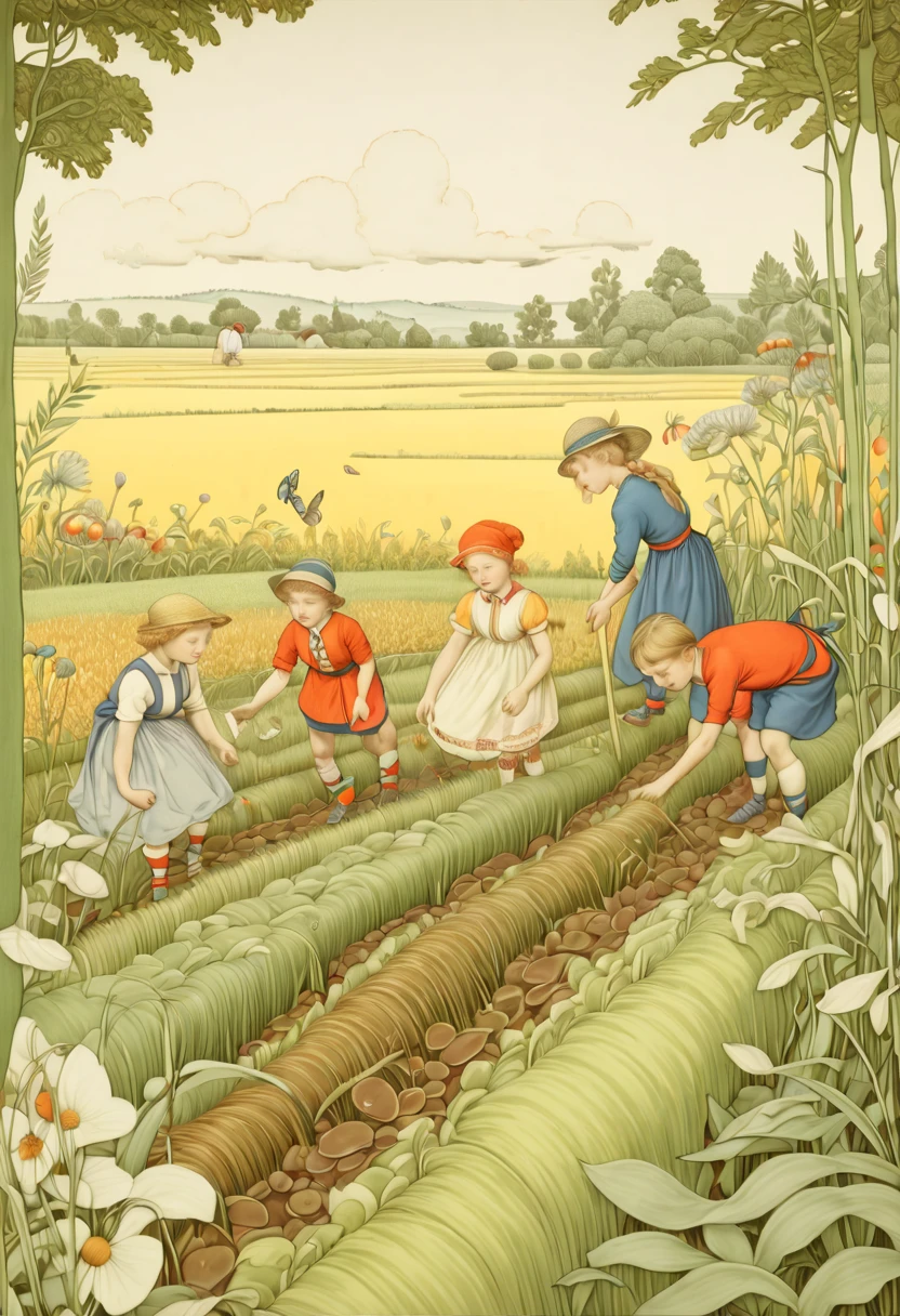 rice paddy, by Elsa Beskow, (best quality, masterpiece, Representative work, official art, Professional, Ultra intricate detailed, 8k:1.3)