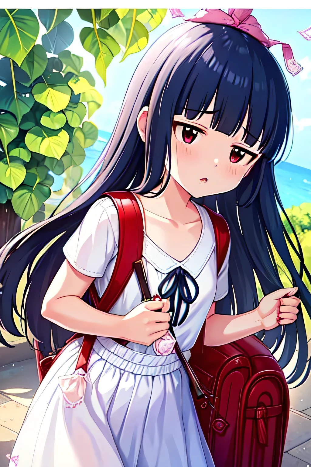 , yukimi, 10., long hair, dull bangs, flat chest, No expression, shy, whole body, highest quality, wearing burmese navy, short sleeve (White gym uniform with colored hems:1.3), carry (randoseru backpack:1.4), naked足, at the park,(Put a semen-filled condom on your head:1.4),The white semen on my hair drips between my eyebrows..、White semen on the face、naked、protruding chest、A large amount of semen drips from the condom、how、Semen was poured on my body、White semen on the face、white semen drips from the mouth、There was white semen in my nose、I have a lot of it in my hair、、transparent clothes、I'I'm embarrassed and turn my face to the side