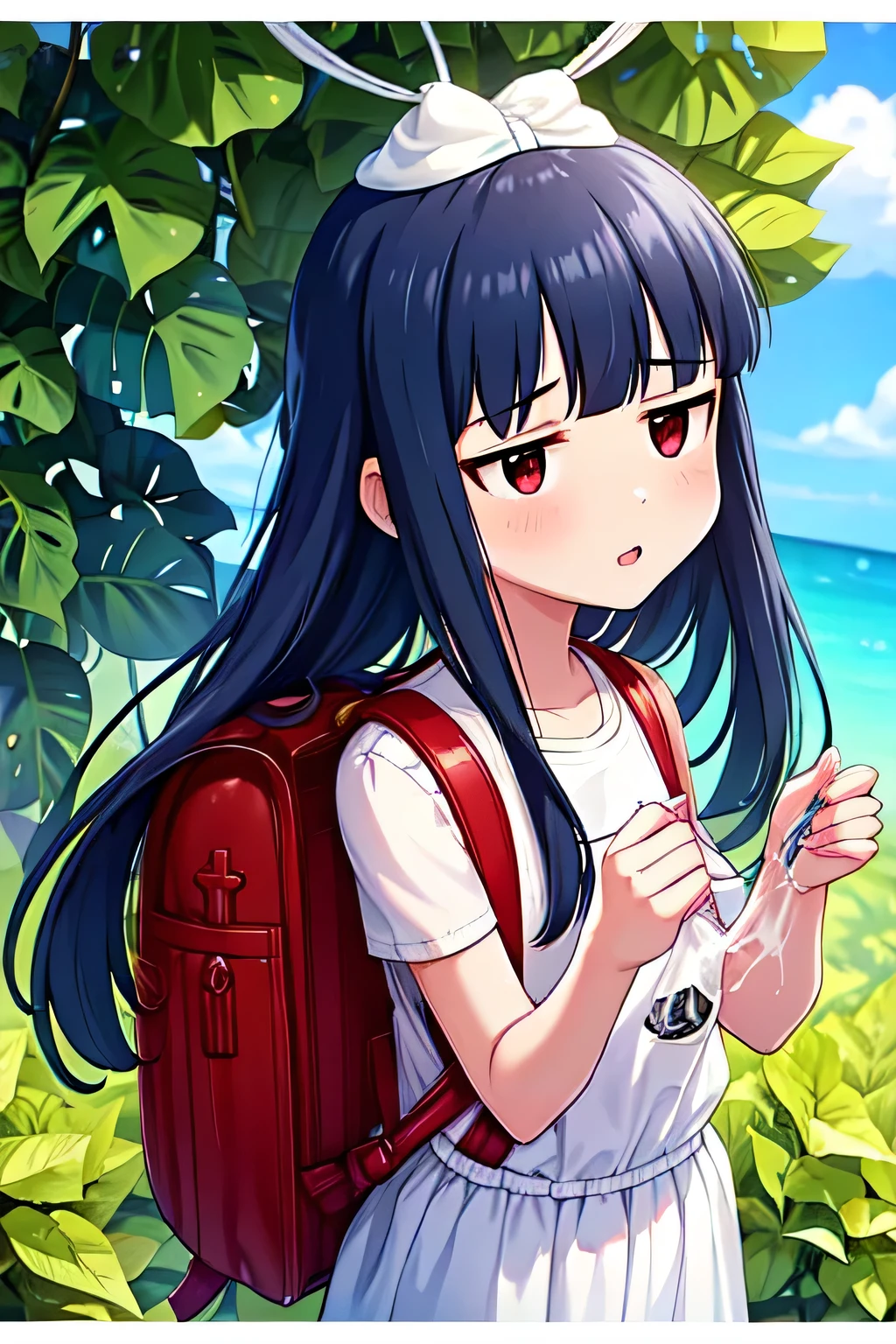 , yukimi, 10., long hair, dull bangs, flat chest, No expression, shy, whole body, highest quality, wearing burmese navy, short sleeve (White gym uniform with colored hems:1.3), carry (randoseru backpack:1.4), naked足, at the park,(Please put the semen-filled rubber over your head.:1.4),The white semen on my hair drips between my eyebrows..、White semen on the face、naked、tits、A large amount of semen drips from the condom、how、Semen was poured on my body、White semen on the face、white semen drips from the mouth、There was white semen in my nose、I have a lot of it in my hair、、transparent clothes、