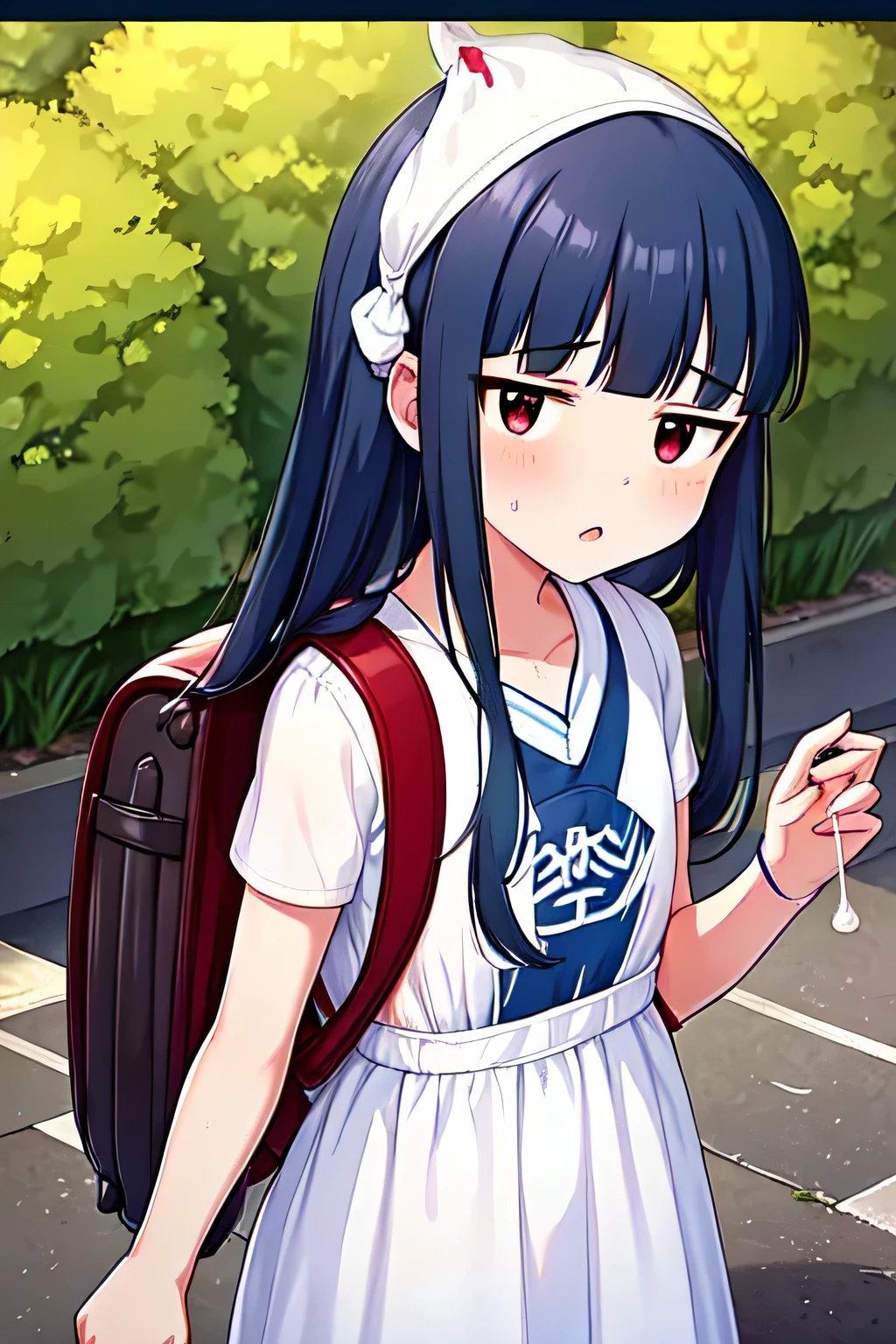 , yukimi, 10., long hair, dull bangs, flat chest, No expression, shy, whole body, highest quality, wearing burmese navy, short sleeve (White gym uniform with colored hems:1.3), carry (randoseru backpack:1.4), naked足, at the park,(Please put the semen-filled rubber over your head.:1.4),The white semen on my hair drips between my eyebrows..、White semen on the face、naked、tits、A large amount of semen drips from the condom、how、Semen was poured on my body、White semen on the face、white semen drips from the mouth、There was white semen in my nose、I have a lot of it in my hair、、transparent clothes、