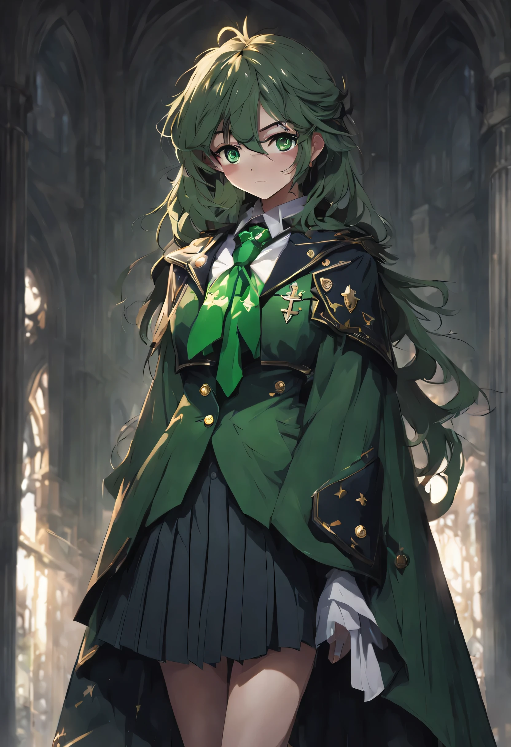 masterpiece, best quality, 1 girl, alone, Nahida_Genshin, cross shaped pupils, uniform, green tie, suit, pleated skirt, green cloak, Permanent installation  