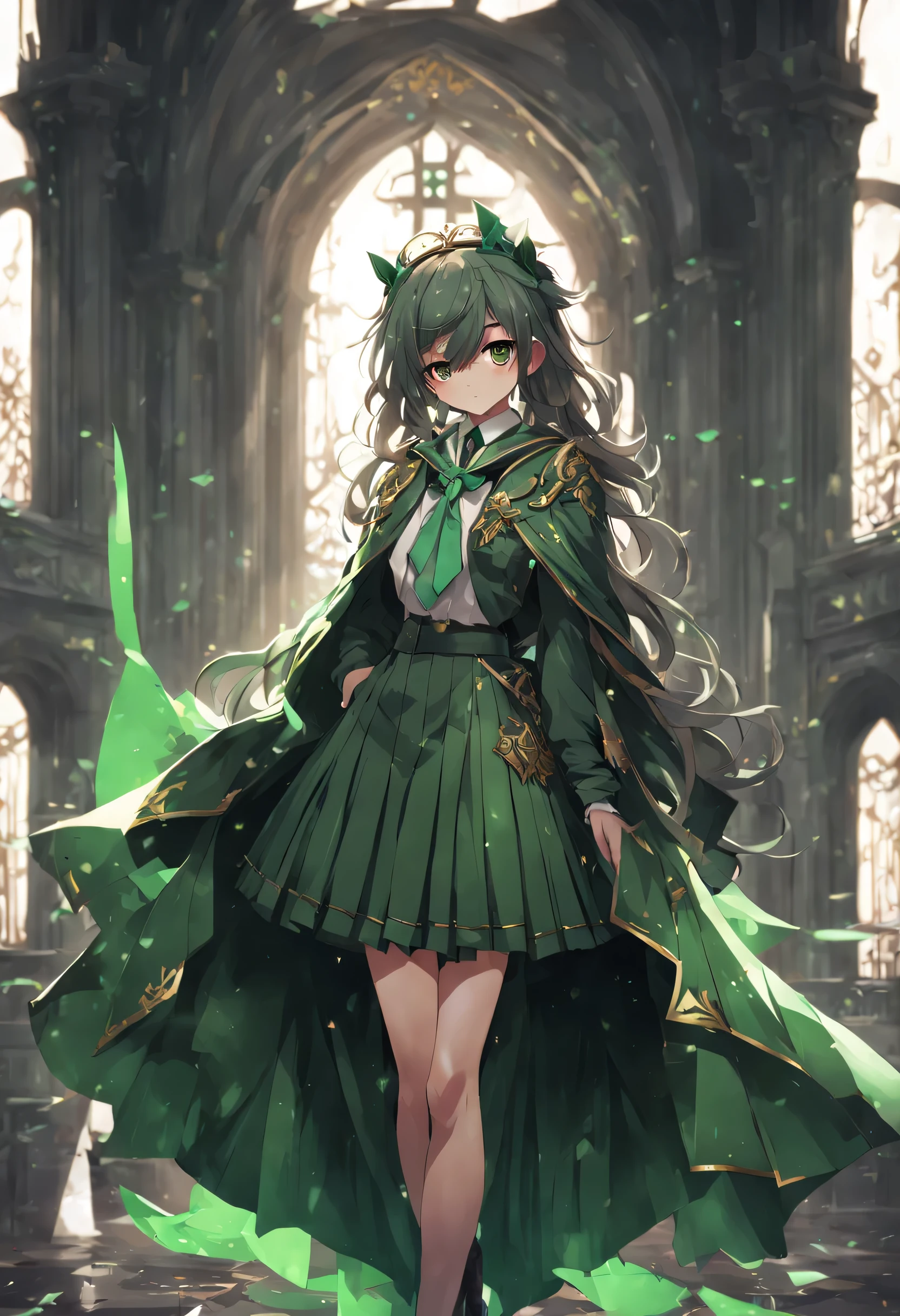 masterpiece, best quality, 1 girl, alone, Nahida_Genshin, cross shaped pupils, uniform, green tie, suit, pleated skirt, green cloak, Permanent installation  