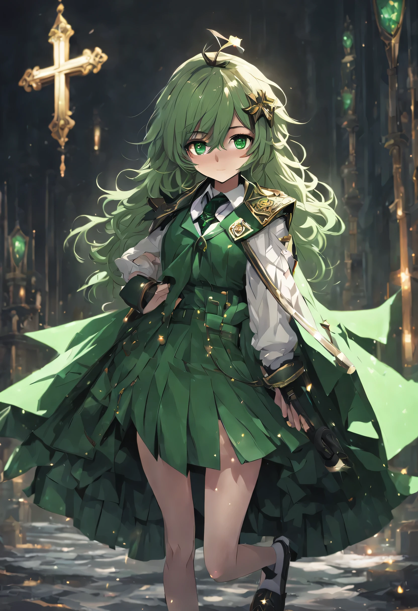 masterpiece, best quality, 1 girl, alone, Nahida_Genshin, cross shaped pupils, uniform, green tie, suit, pleated skirt, green cloak, Permanent installation