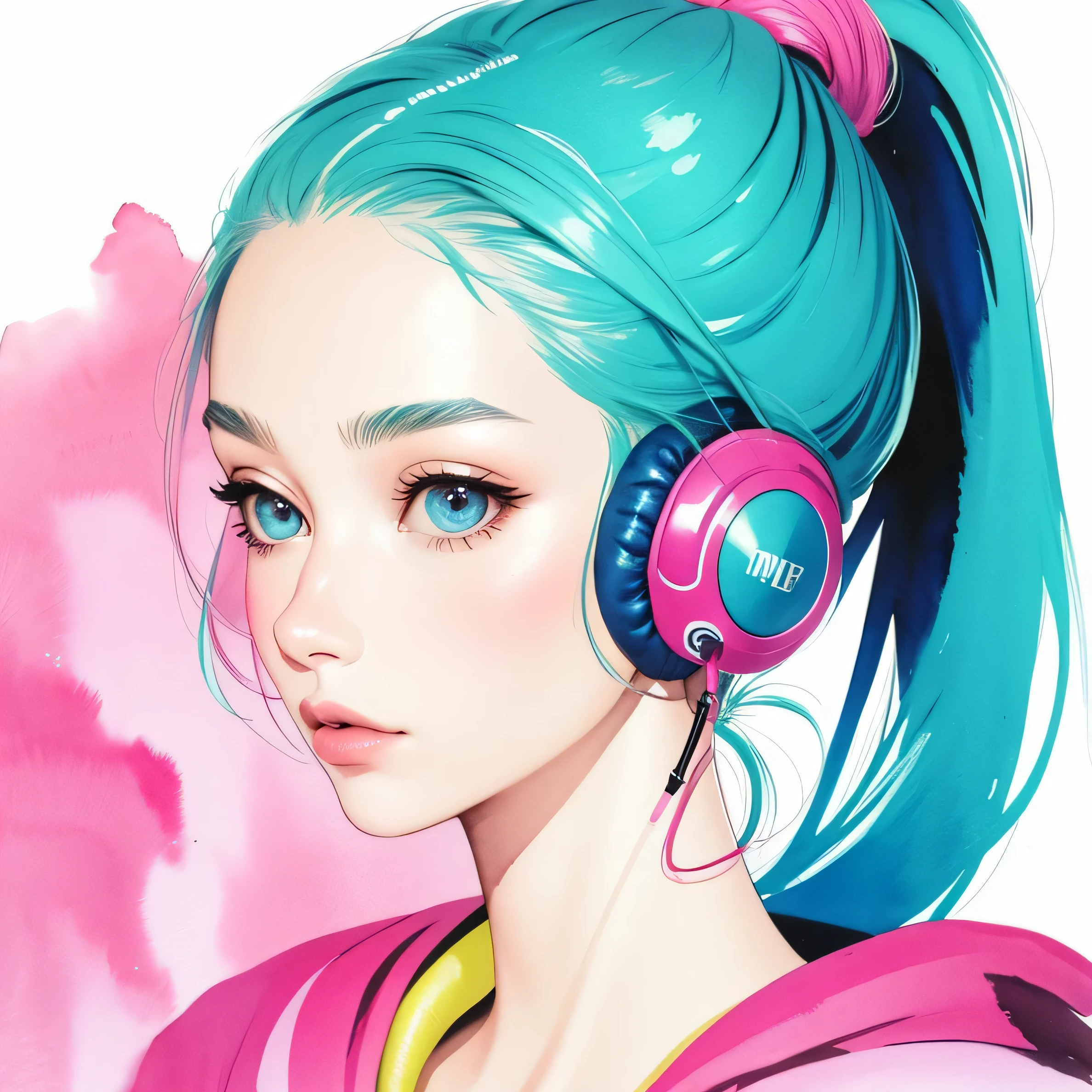 close up of face、colorful、gum、headphones、watercolor、ponytail