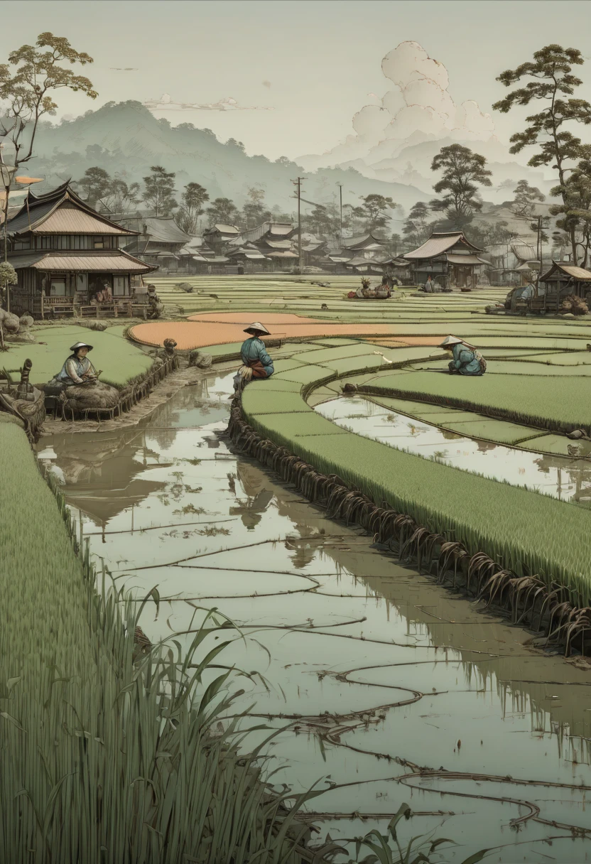 rice paddy, by randolph caldecott, (best quality, masterpiece, Representative work, official art, Professional, Ultra intricate detailed, 8k:1.3)