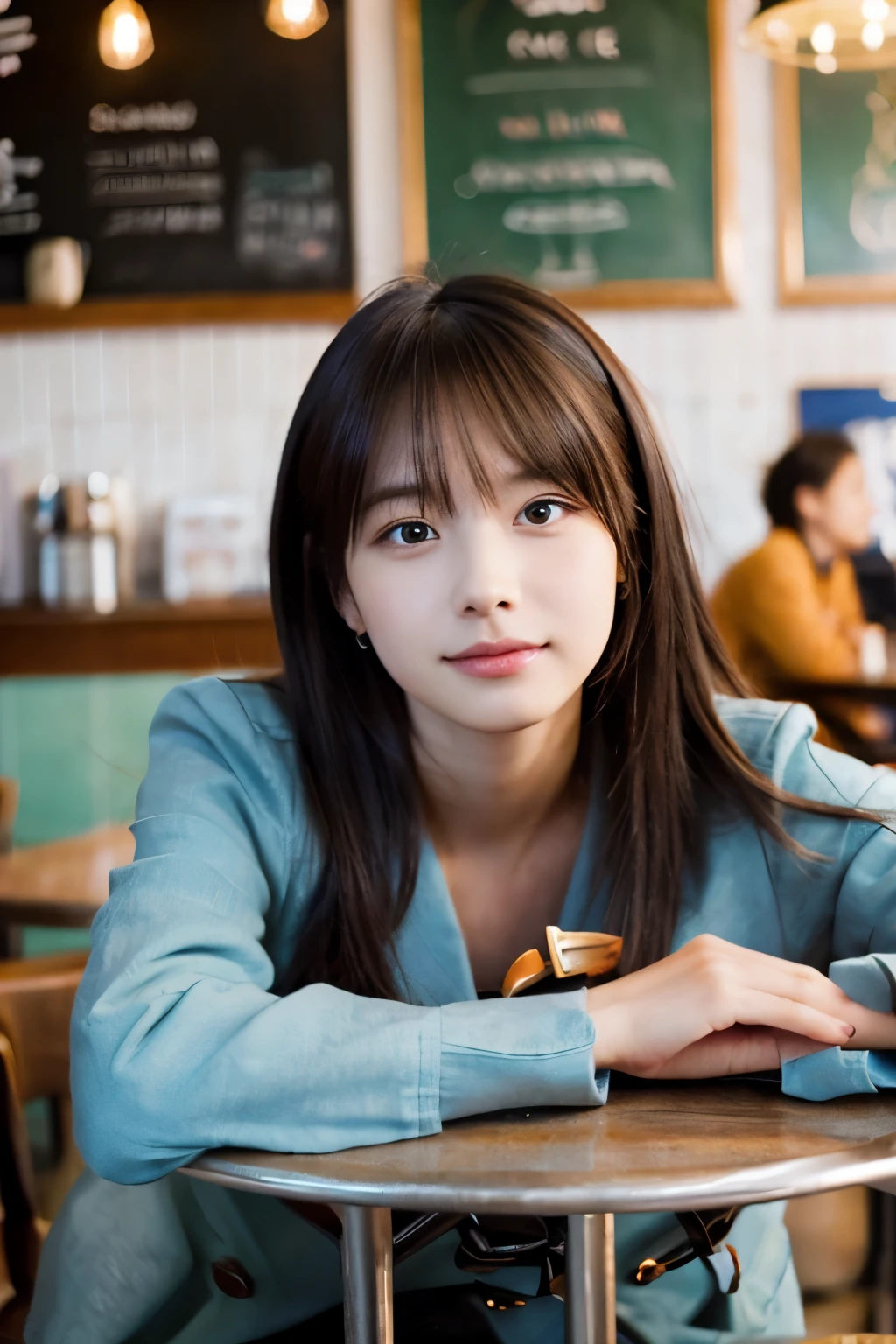 table top, highest quality, Portrait of one girl、date at a cafe、