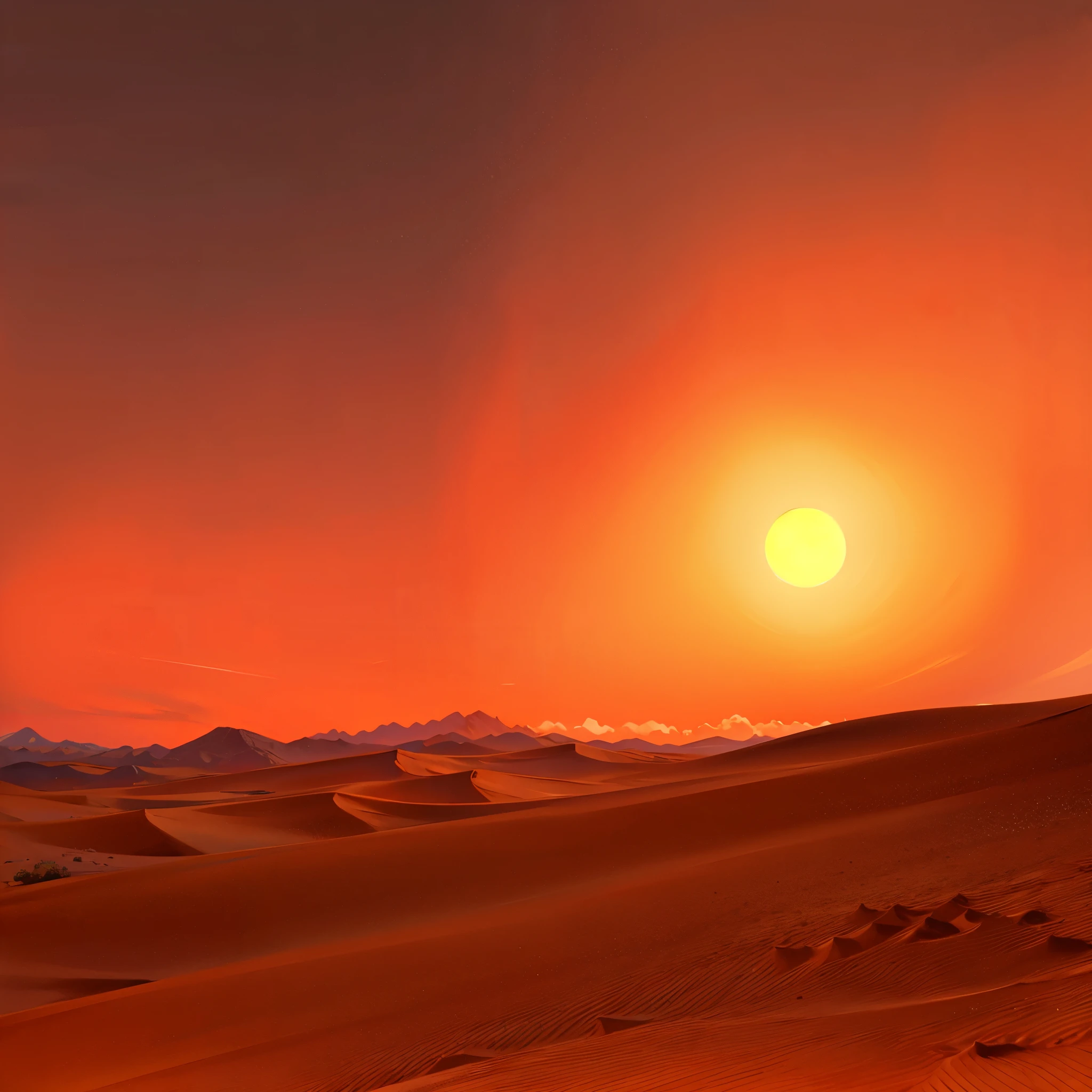 Sunset in the desert, rich warm shades, The sun goes down, red sands, peach colored sky, sand dunes, Summer landscape, wound, Detailed landscape, ((Masterpiece)), contrastingly