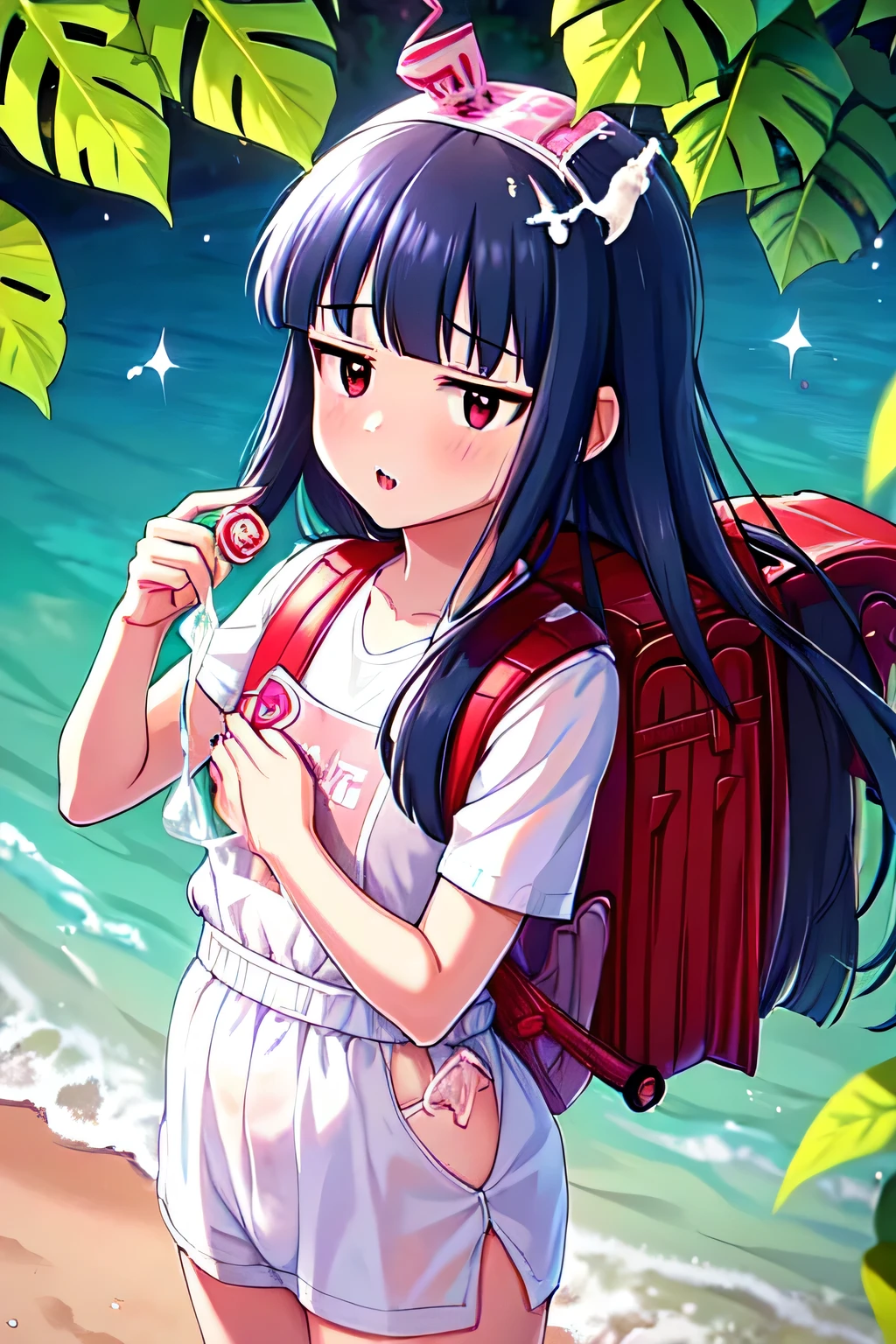 , yukimi, 10., long hair, dull bangs, flat chest, No expression, shy, whole body, highest quality, wearing burmese navy, short sleeve (White gym uniform with colored hems:1.3), carry (randoseru backpack:1.4), naked足, at the park,(Put a semen-filled condom on your head:1.4),The white semen on my hair drips between my eyebrows..、White semen on the face、naked、tits、A large amount of semen drips from the condom、how、Semen was poured on my body、White semen on the face、white semen drips from the mouth、There was white semen in my nose