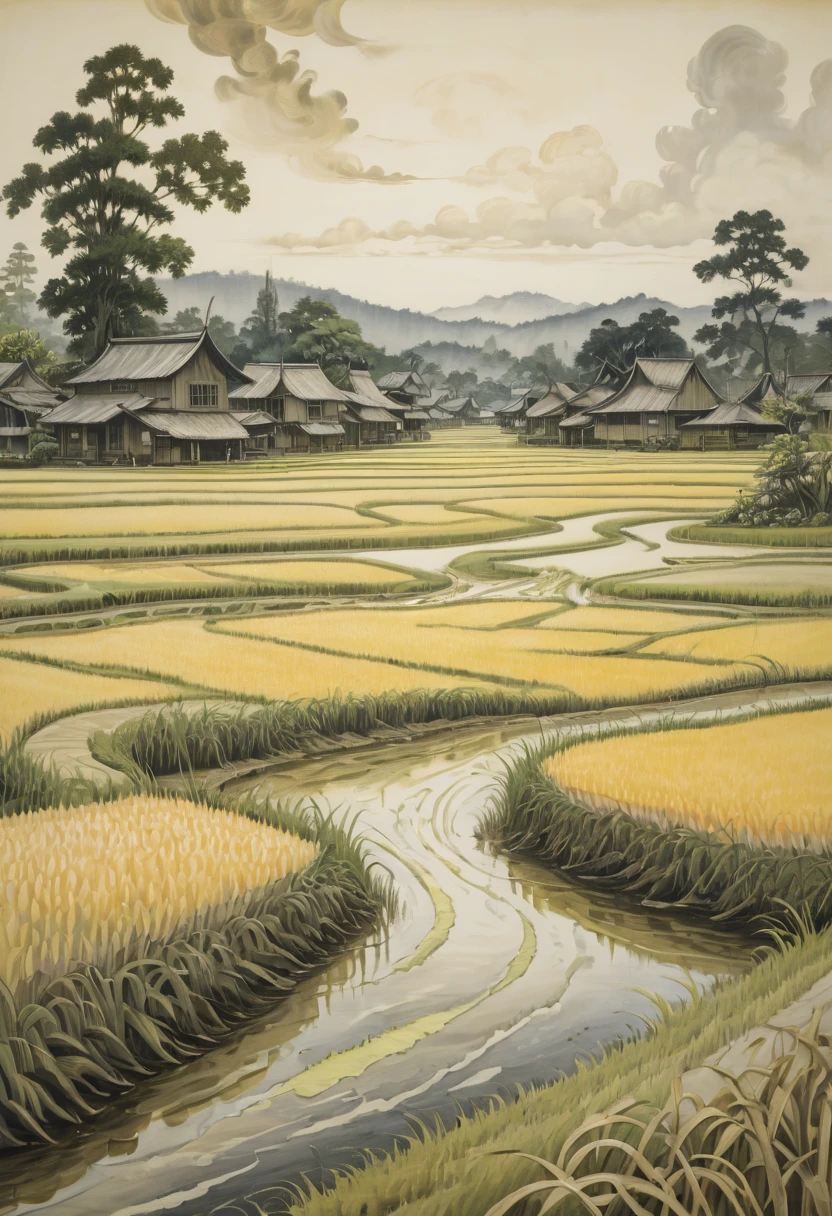 rice paddy, by Charles E. Burchfield, best quality, masterpiece, Representative work, official art, Professional, Ultra intricate detailed, 8k