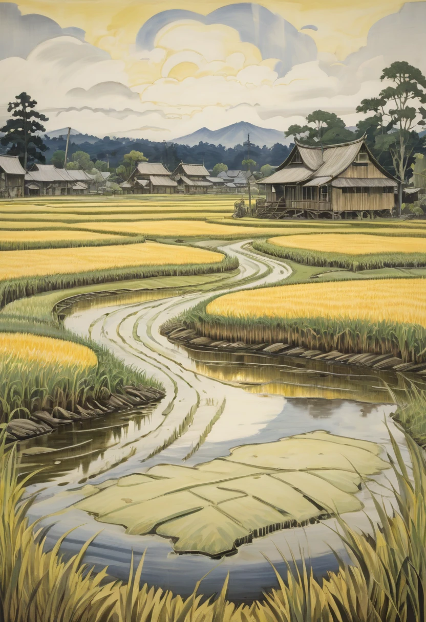 rice paddy, by Alena Aenami, best quality, masterpiece, Representative work, official art, Professional, Ultra intricate detailed, 8k