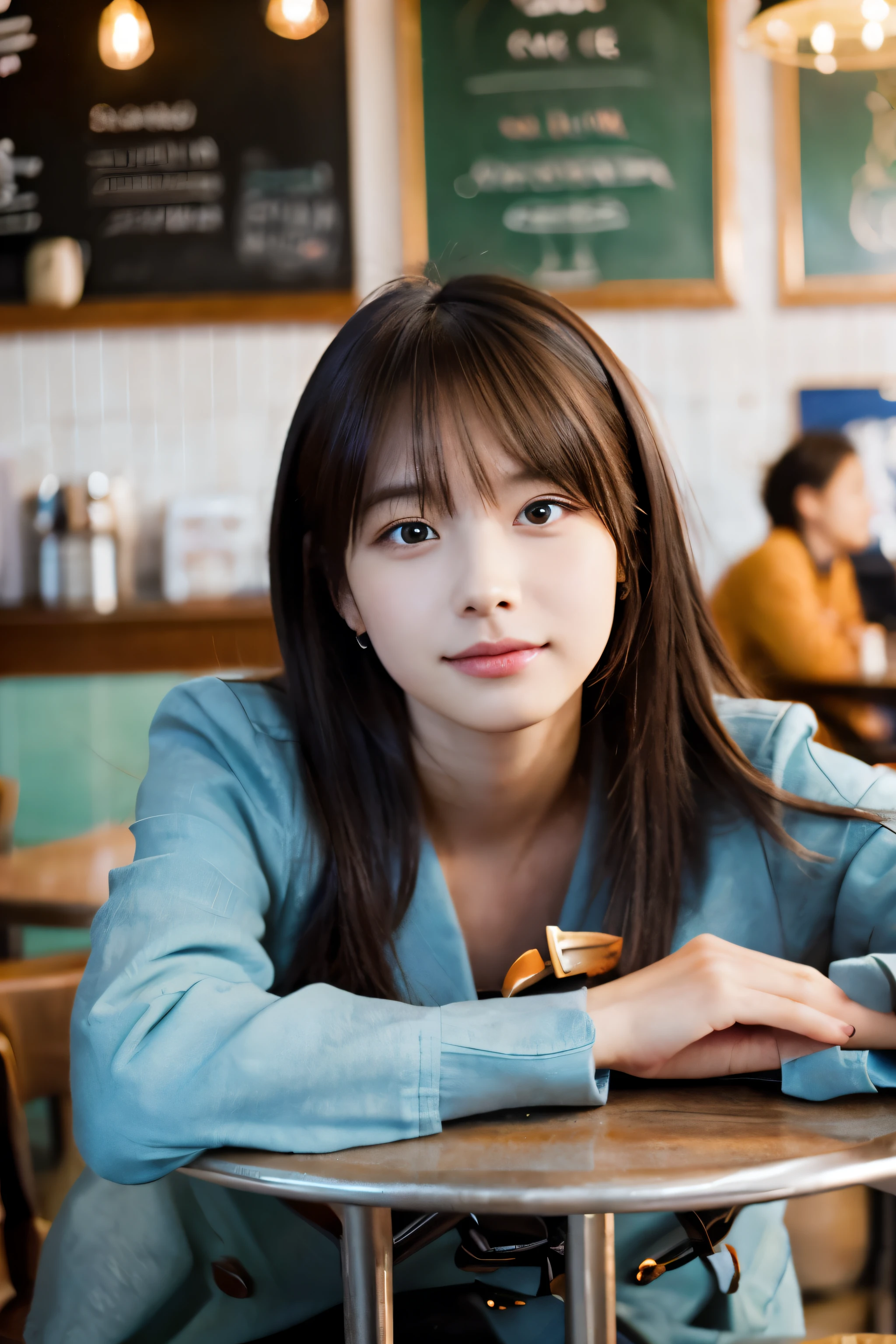 table top, highest quality, Portrait of one girl、date at a cafe、