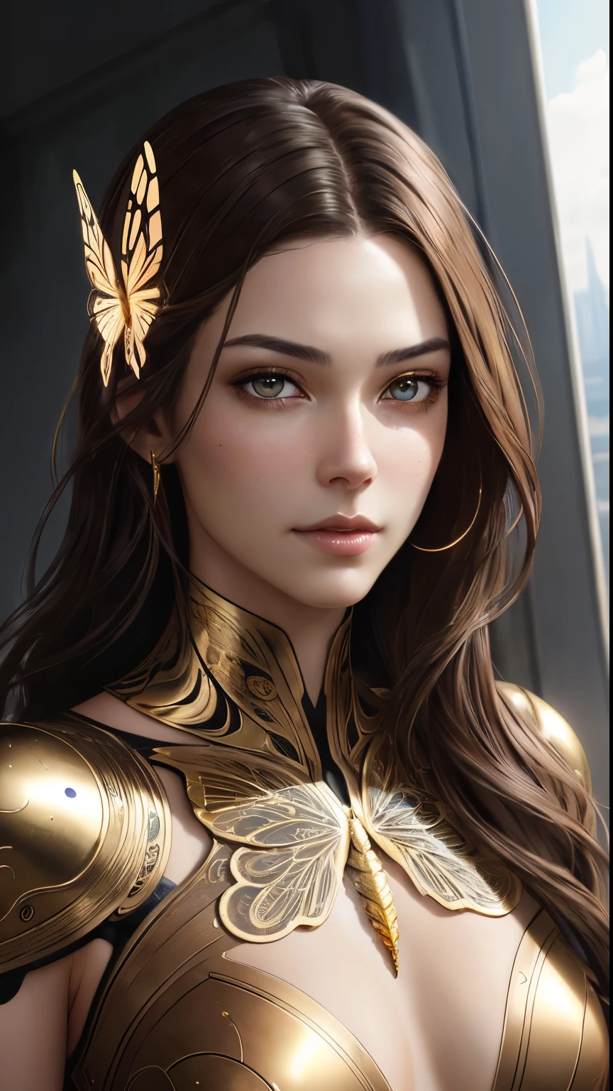 8k portrait of beautiful cyborg with brown hair, intricate, elegant, highly detailed, majestic, digital photography, art by artgerm and ruan jia and greg rutkowski surreal painting gold butterfly filigree, broken glasasterpiece, sidelighting, finely detailed beautiful eyes: 1.2), hdr, 