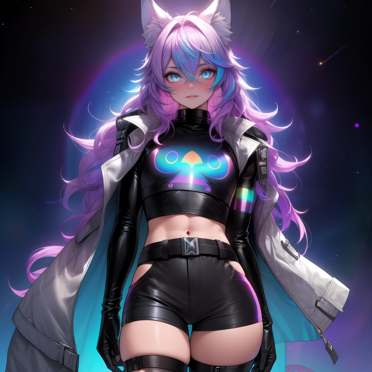 a short, skinny, galactic space young boy wearing a leather rainbow trench coat with a peacock inspired design, glowing blue eyes, wearing cropped t-shirt, flat chested, flat chest (SUPER FLAT CHEST) has wolf ears and a wolf tail, wide hips, pink lips, thick thighs, has long wavy rainbow gradient colored sparkly hair, twink, happy, blushing, flustered, showing thighs, wearing thigh high boots, wearing short shorts, curvy, solo, alone, (SOLO)(ALONE), has long wavy rainbow gradient colored sparkly hair
