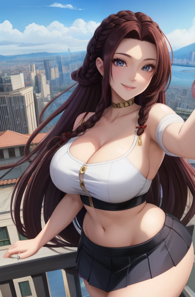 anime, 28 year old woman, taking a selfie, mischievous smile, long hair, dark hair color, stylish hairstyle, side hair long lush hair, long curls of hair pulled to the sides, Braids within the hair, curvy body, proportional body, sexy girl, beautiful mature girl, lovable character, crop top, short skirt, clarity, detailed, detailed face, very detailed drawing, smile, flirty look, city background, saturated background, perfect composition, soft natural volumetric cinematic perfect light, masterpiece