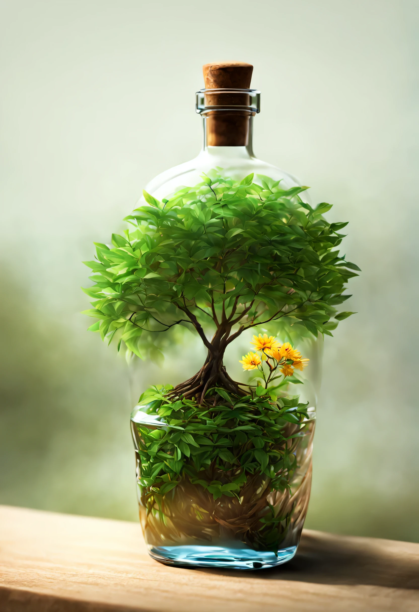 dreamlikeArt tree in a bottle, fluffy, actual, photo, Canon, dreamlike, Art, Chonghui branches and leaves，There are flowers on the head. hyperdetailed photorealism by greg rutkowski - h 1024 w 804 | f 1 6 lens mark 2:2 seconds 3555mm film grain :1 Lifelike high-resolution sharp focus contrast!! intricate detailed atmospheric light refraction lighting unreal engine 5 cinematic concept photography masterpiece octane render trending at cgsociety rendered as