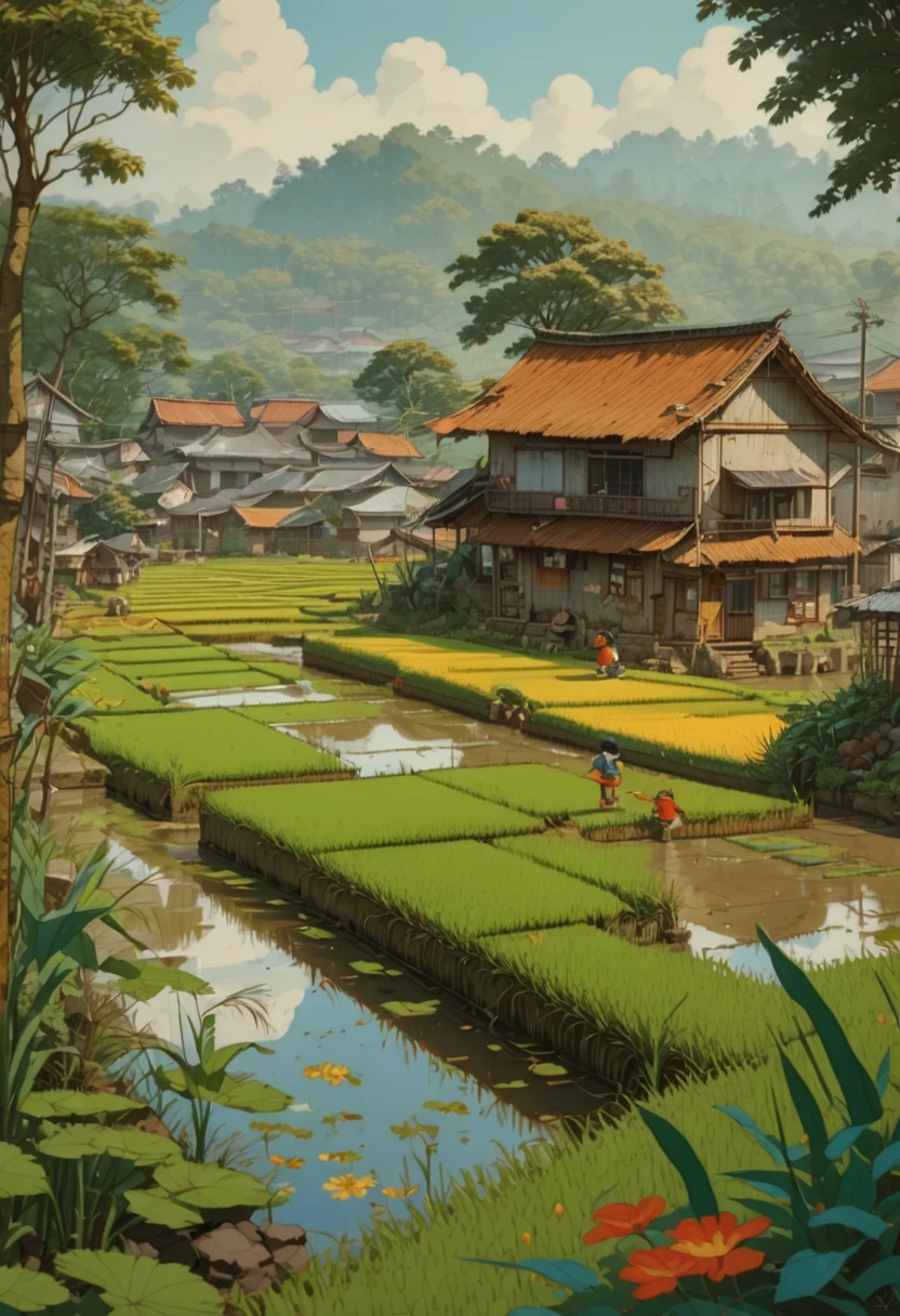 rice paddy, by Richard Scarry, (best quality, masterpiece, Representative work, official art, Professional, Ultra intricate detailed, 8k:1.3)