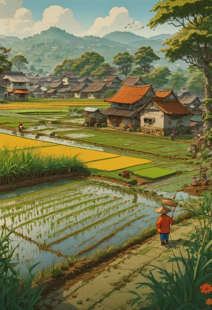 rice paddy, by Richard Scarry, (best quality, masterpiece, Representative work, official art, Professional, Ultra intricate detailed, 8k:1.3)