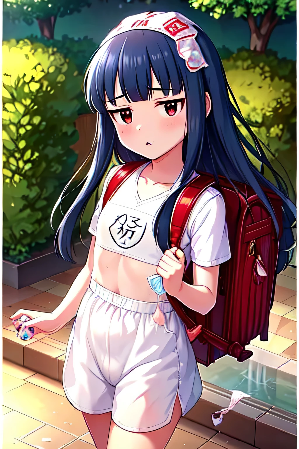 , yukimi, 10., long hair, dull bangs, flat chest, No expression, shy, whole body, highest quality, wearing burmese navy, short sleeve (White gym uniform with colored hems:1.3), carry (randoseru backpack:1.4), naked足, at the park,(Put a semen-filled condom on your head:1.4),white semen on hair、White semen on the face、naked、tits、dripping of semen